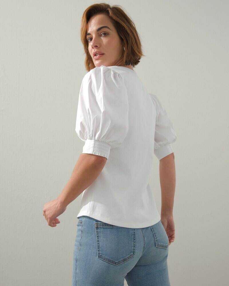 Puff Sleeve Ribbed Henley Tee Pagoda Blue