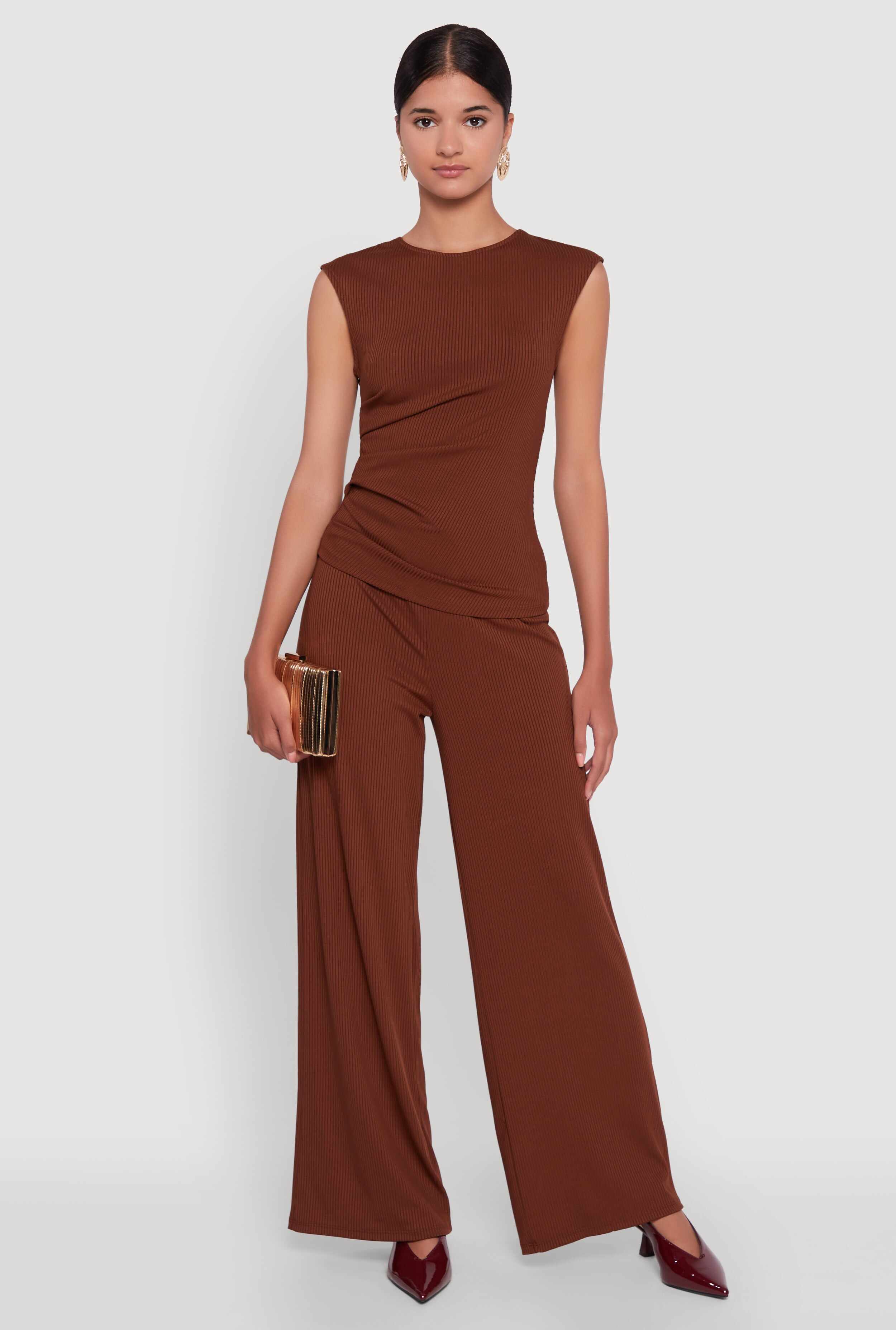 High Waisted Wide Leg Ribbed Knit Casual Pants
