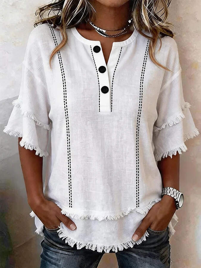 New Printed Button-Front Henley Frayed Lace Trim Top