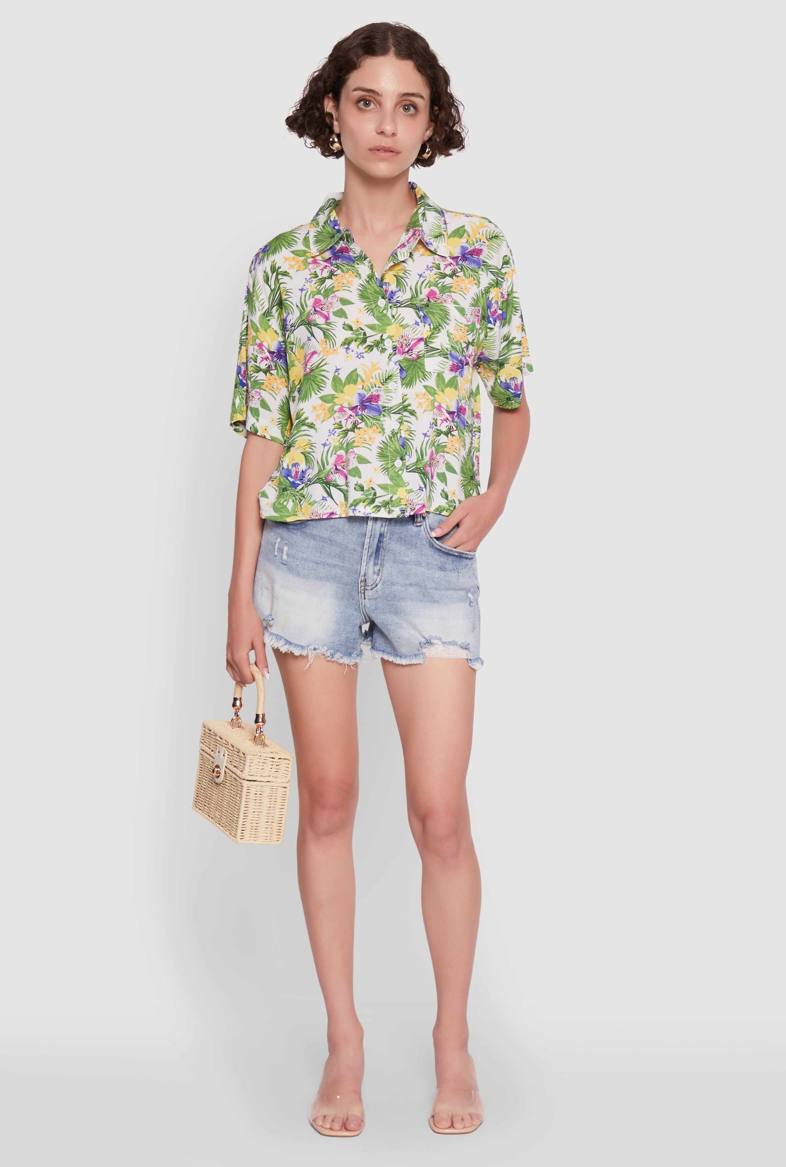 Trendy Tropical Floral Button Front Short Sleeve Shirt