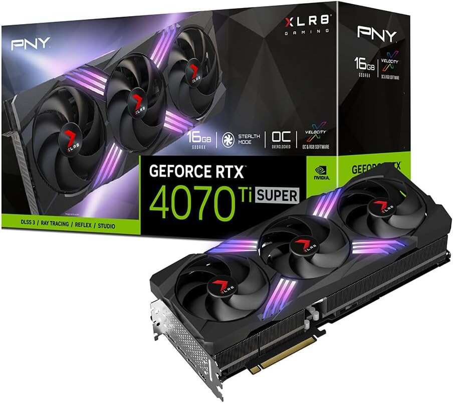 PNY GeForce RTX™ 4070 Ti Super 16GB VERTO™ OC Triple Fan Graphics Card DLSS 3 (256-bit, GDDR6X, PCIe 4.0, HDMI/DisplayPort, Supports 4k, incl. Adapter & Support Bracket, 3 slot)
