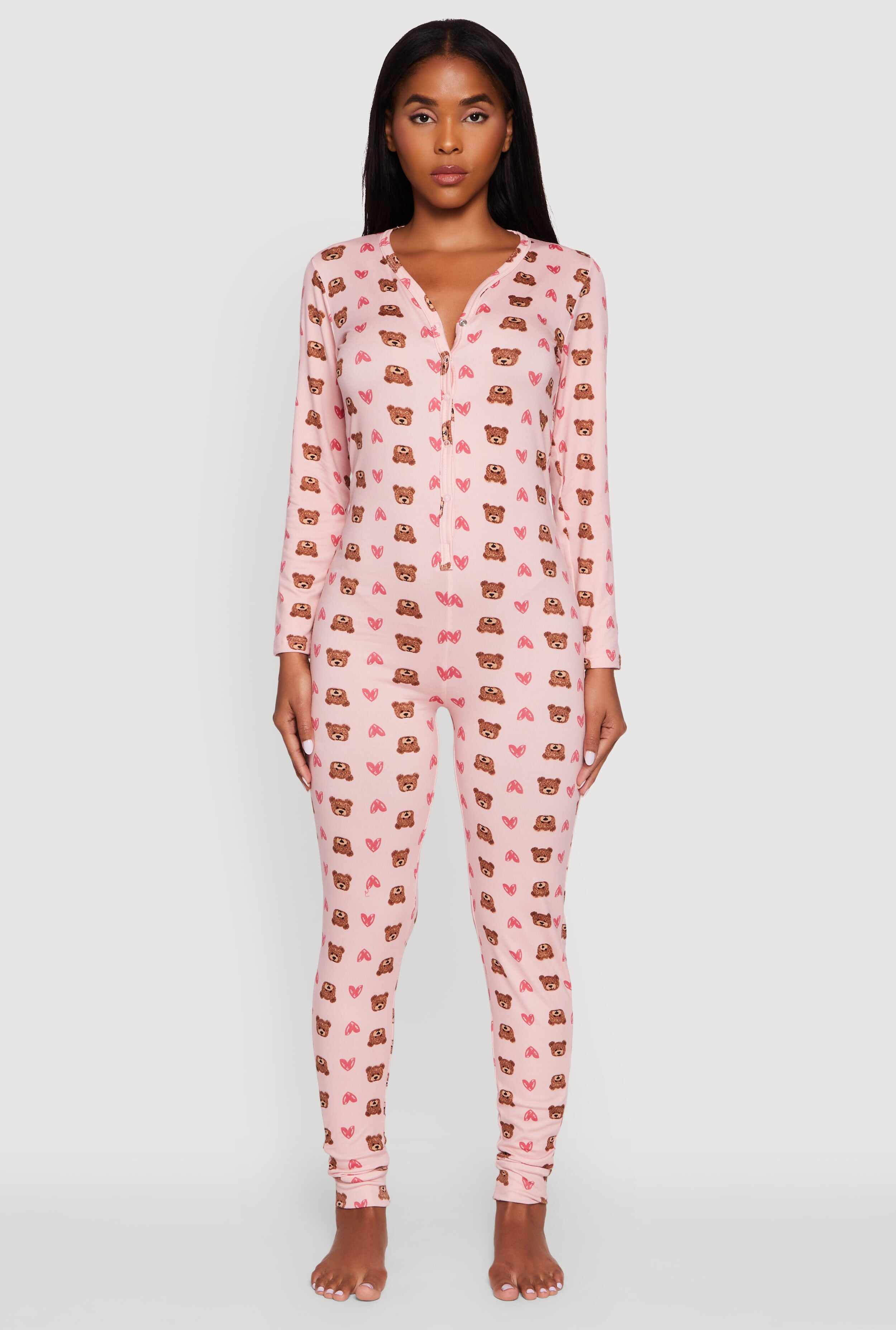 Teddy Bear Heart Graphic V-Neck Pajama Onesie