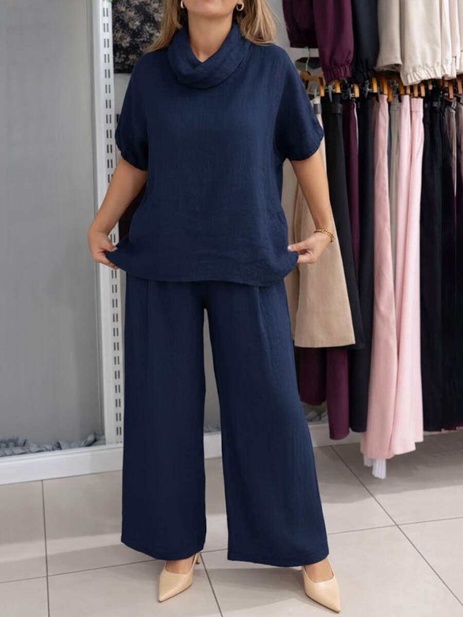 🔥Summer Arrivals🌟Women's Solid Color Stand-up Collar Short-sleeved Casual Loose Cotton Linen Top And High-waisted Casual Loose Cotton Linen Wide-