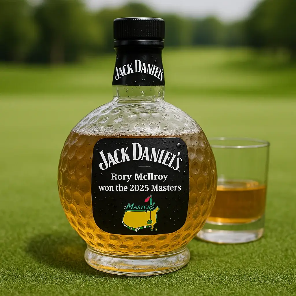 Golf whisky bottle commemorating Rory McIlroy's 2025 Masters victory