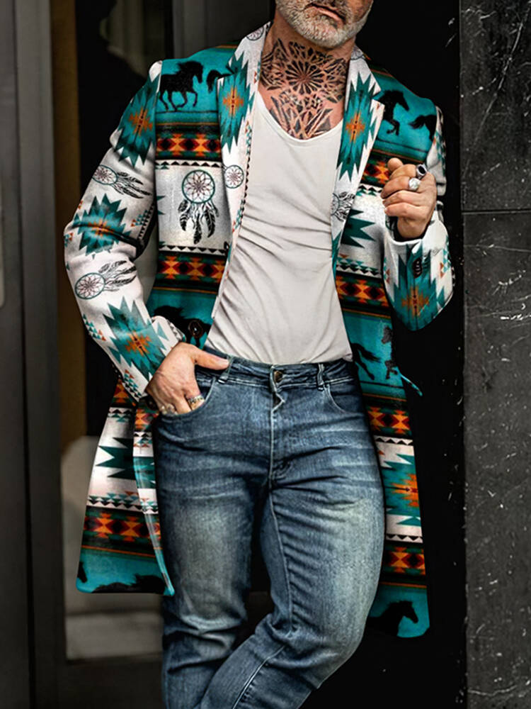 Vintage Ethnic Style Pattern Lapel Mid Length Coat