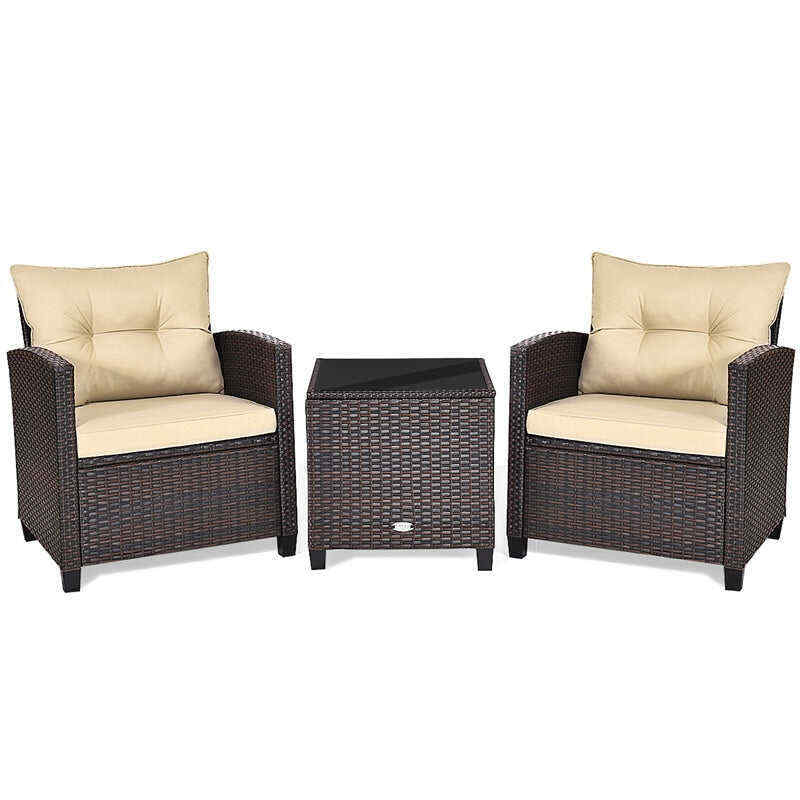 3 Pieces Patio Rattan Furniture Set Outdoor Wicker Conversation Set with Washable Cushion and Coffee Table