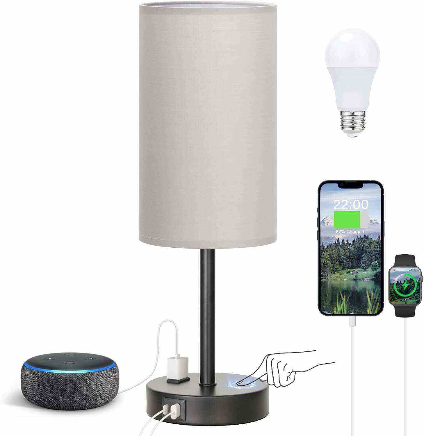 Bedside Table Lamp for Bedroom - 3 Way Dimmable Touch Lamp USB C Charging Ports and AC Outlet, Small Lamp Wood Base Round Flaxen Fabric Shade for Living Room, Desk, LED Bulb Included