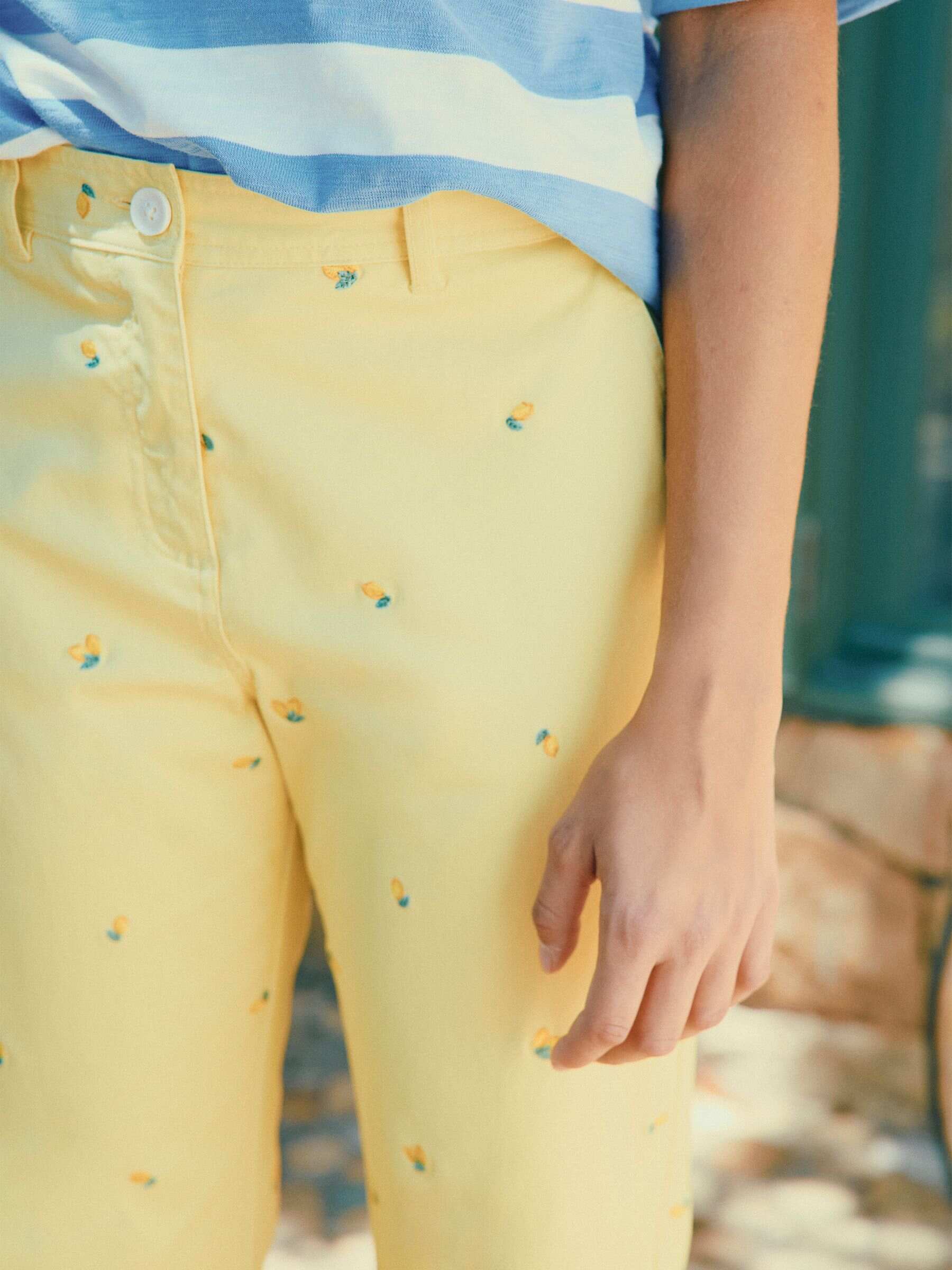 Slim Fit Yellow Lemon Embroidered Chino Trousers