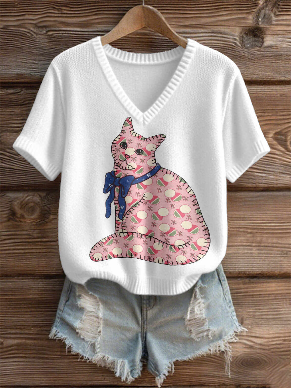 Imitation Sweaters Women's Clothing Short Sleeve V-neck Loose Top