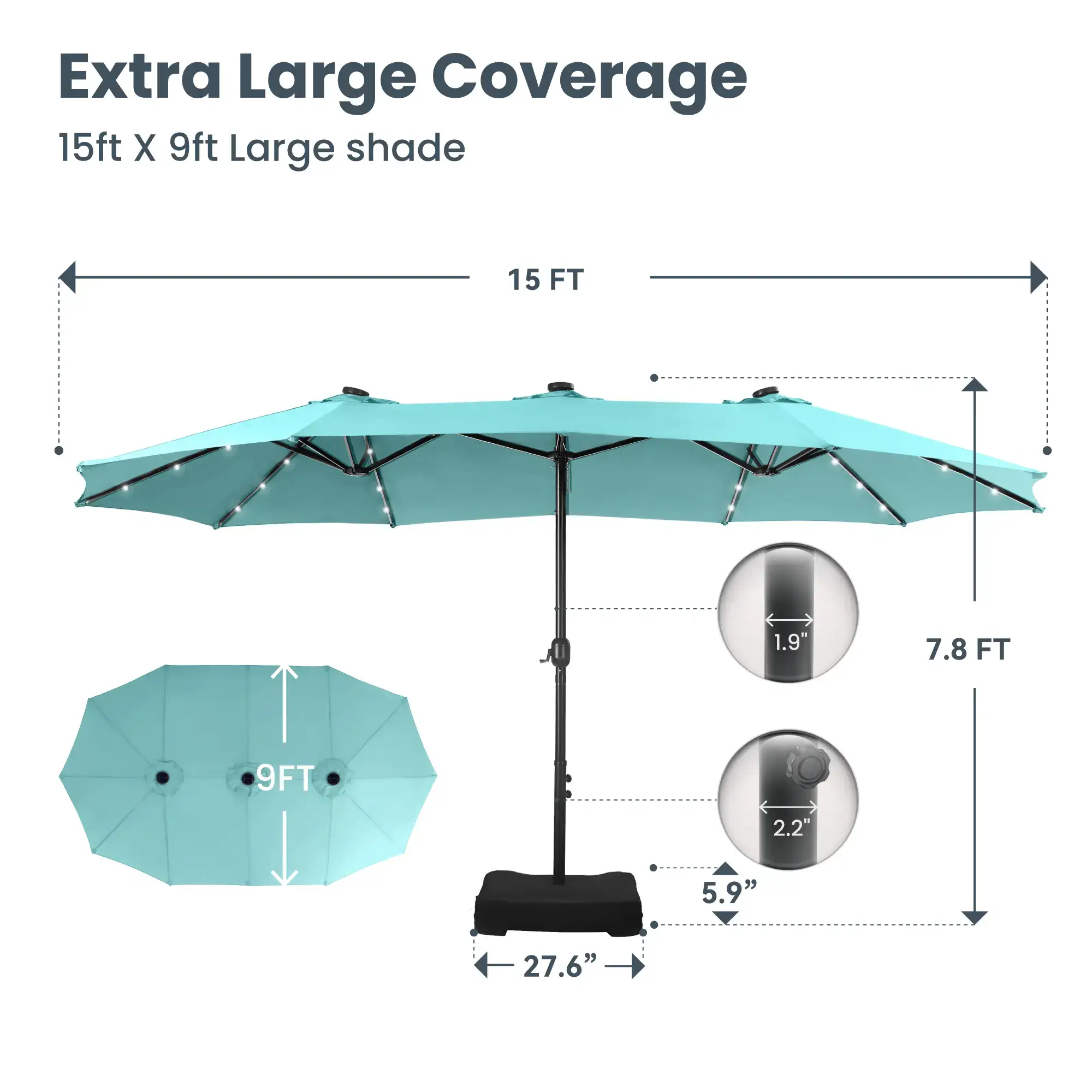 15ft Large Outdoor Patio Umbrella with Base – LED Light Option, Double-Sided, Crank Handle, Waterproof，Comes with Weighted Base and Sandbag, Accommodates 10 People, Great for Poolside, Garden, Lawn, Backyard, Deck and Beach