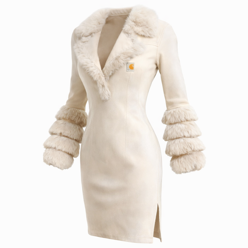 Women's Vintage Brown Leather Fur Lapel Long Sleeve Dress