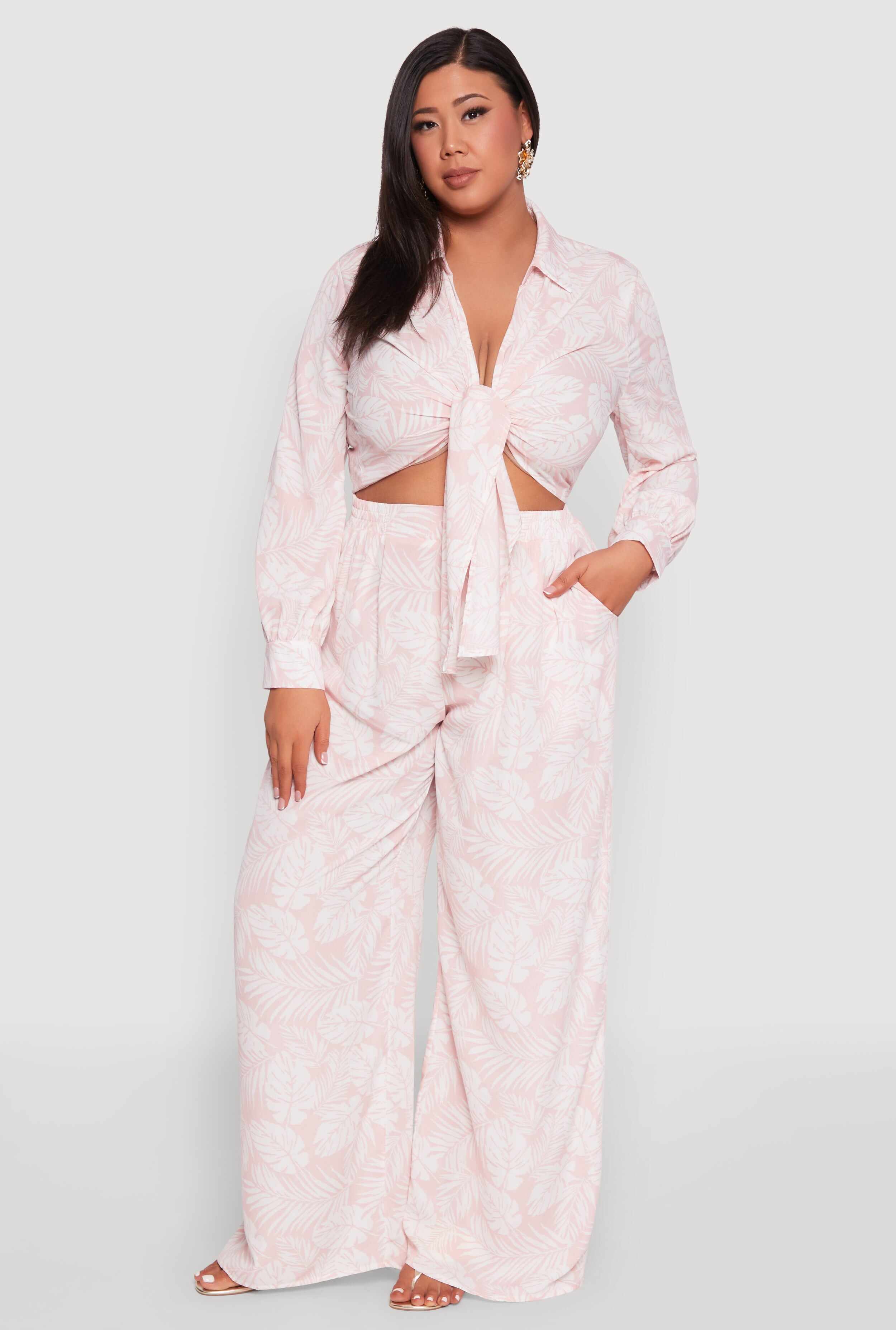 Plus Size Airy Leaf Print Tie Front Crop Top