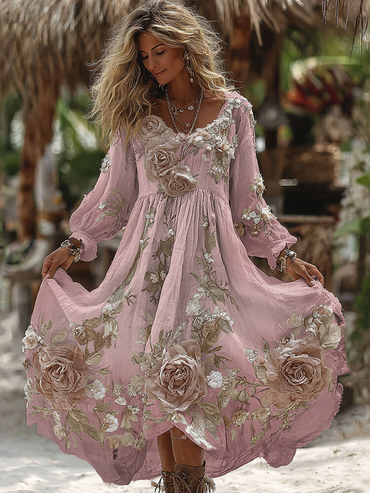 Women's Vintage Romantic White Rose Embroidery Art Comfy Linen Maxi Dress