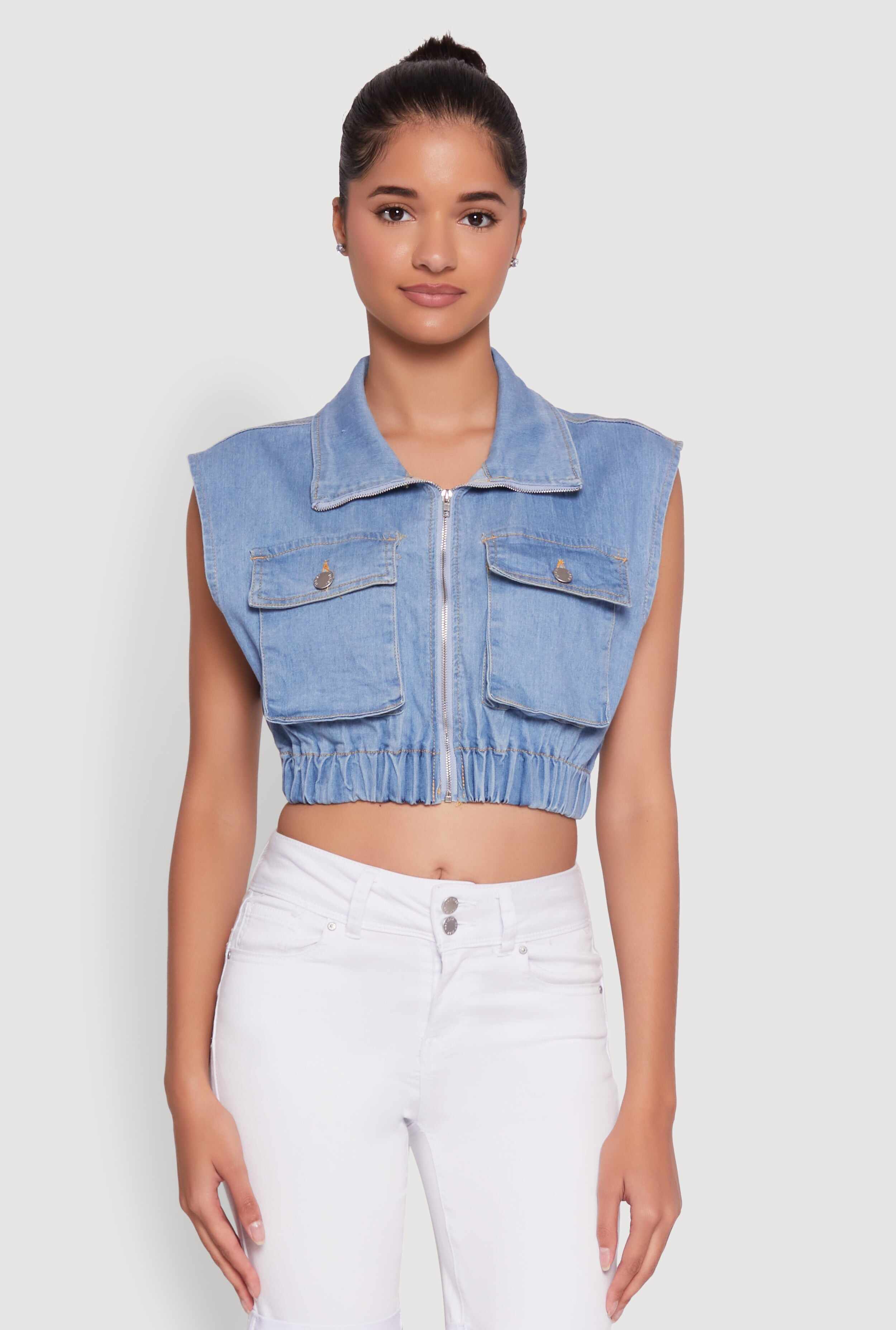 Daisy Sleeveless Cropped Denim Jacket