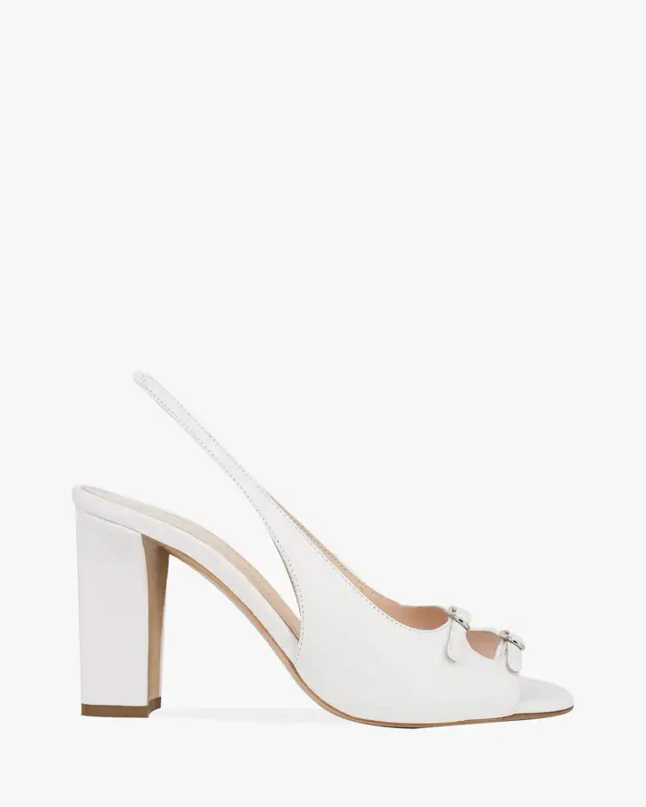 White Leather Slingback Block Heels