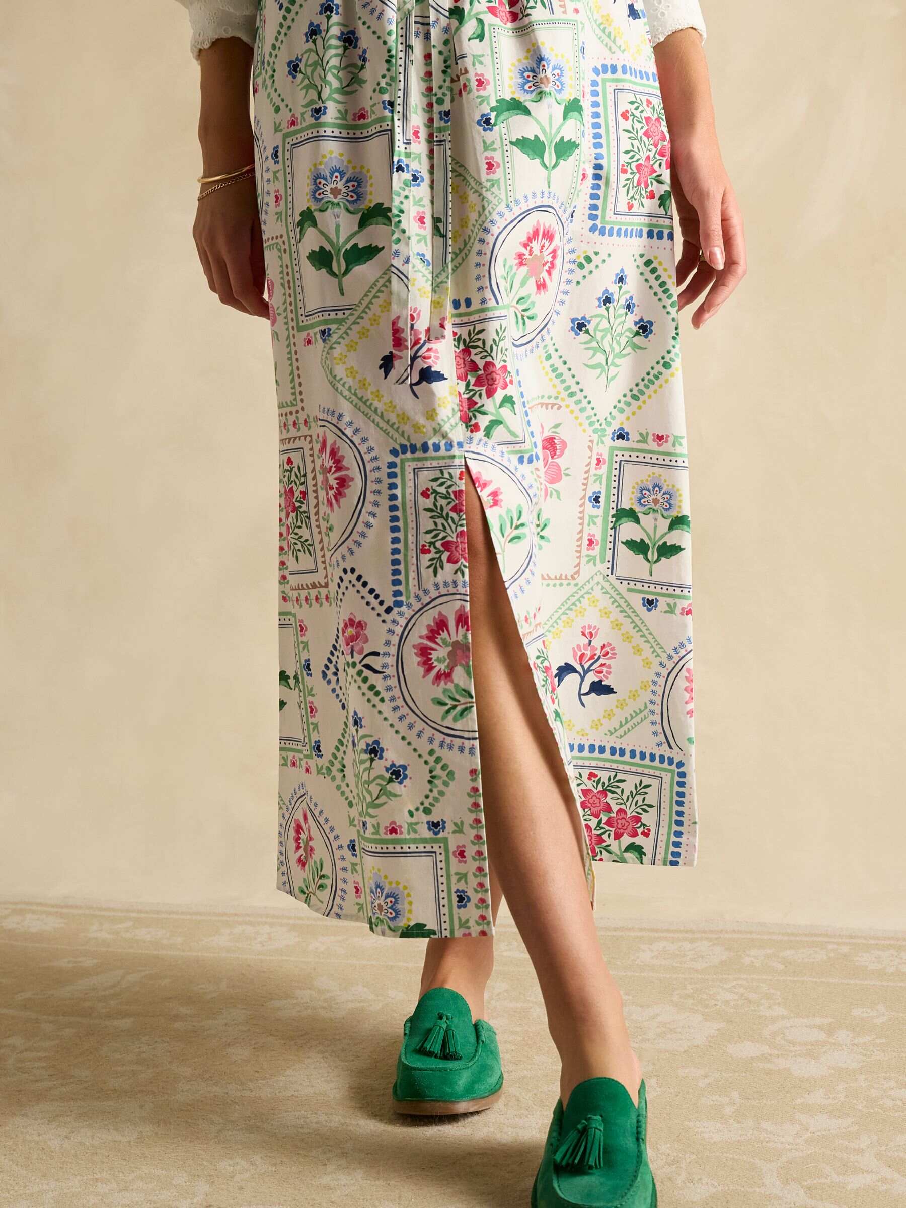Cream Tile Print Cotton Poplin Midi Skirt