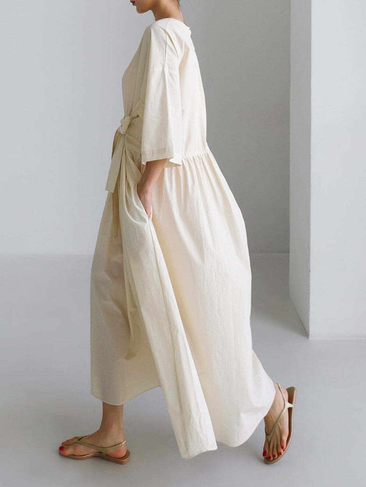 Elegant Plain Crew Neck Knot Waist Half Sleeve Maxi Dress