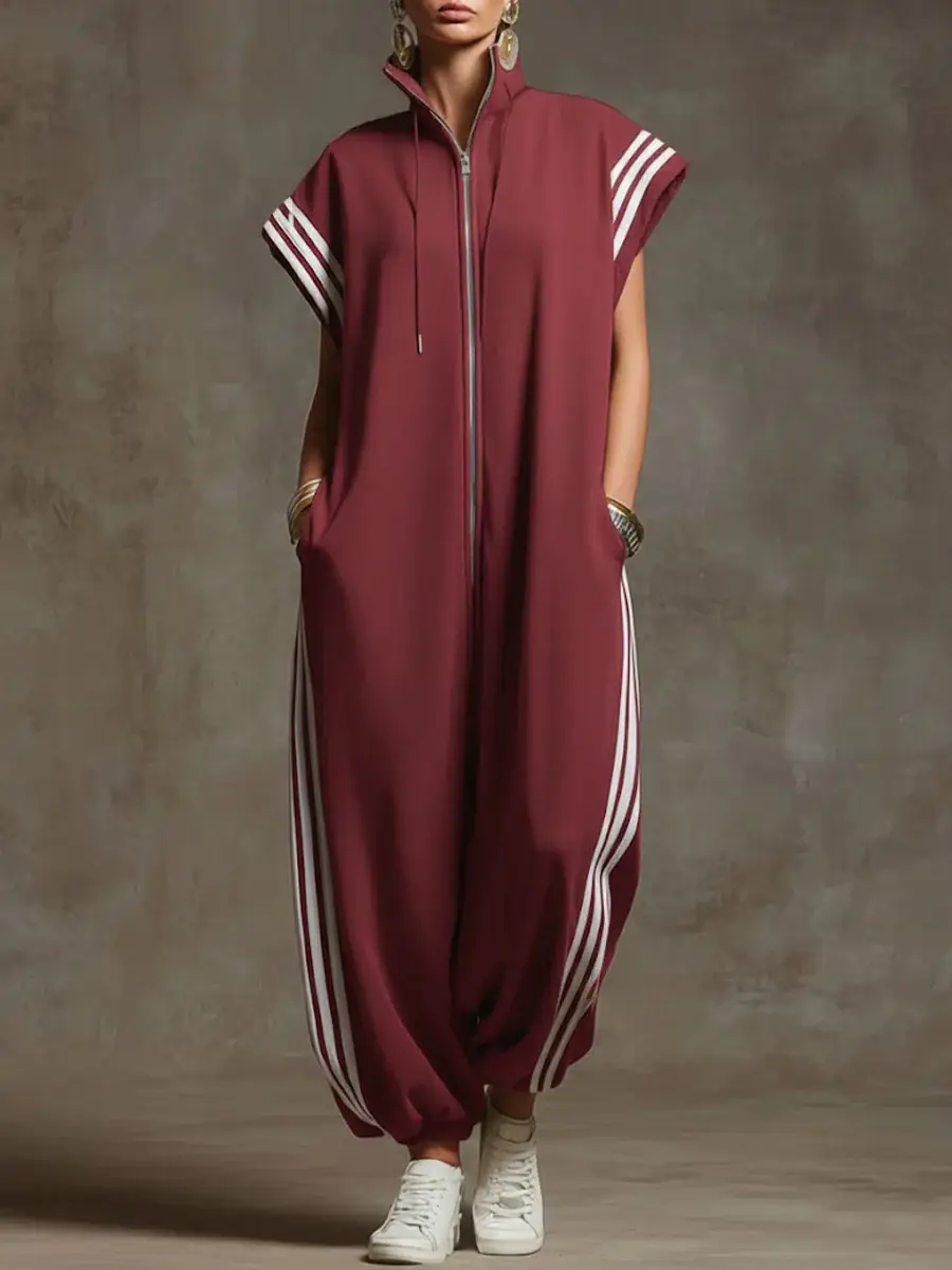 🔥Summer Arrivals🌟Women's Stand-collar Short-sleeved Casual Loose Cotton Wide-leg Jumpsuit