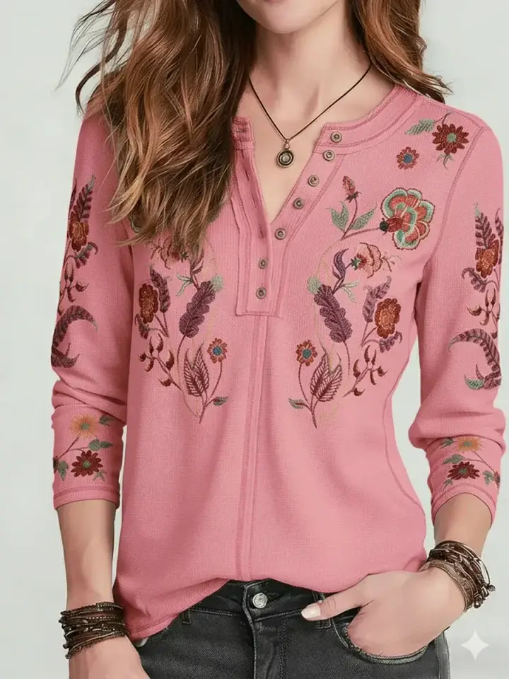 🔥Summer Arrivals🌟Women's Floral Print Stretch Knit Cotton Henley Top