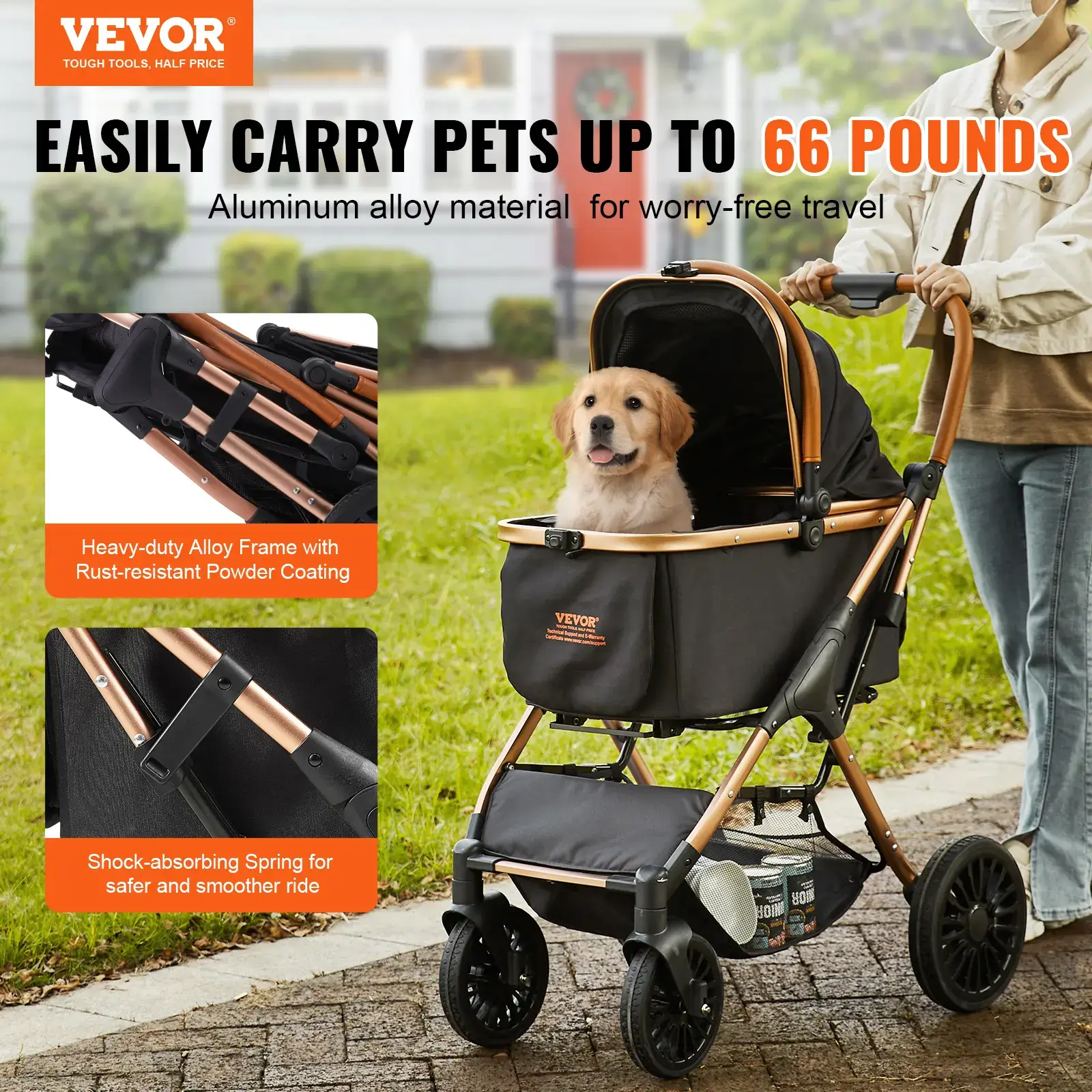 Pet Stroller,  4 Wheels Dog Stroller Rotate with Brakes, 66 lbs Weight Capacity, Puppy Stroller with Detachable Carrier, Storage Basket and Pet Pad, for Small to Medium Sized Dogs, Black