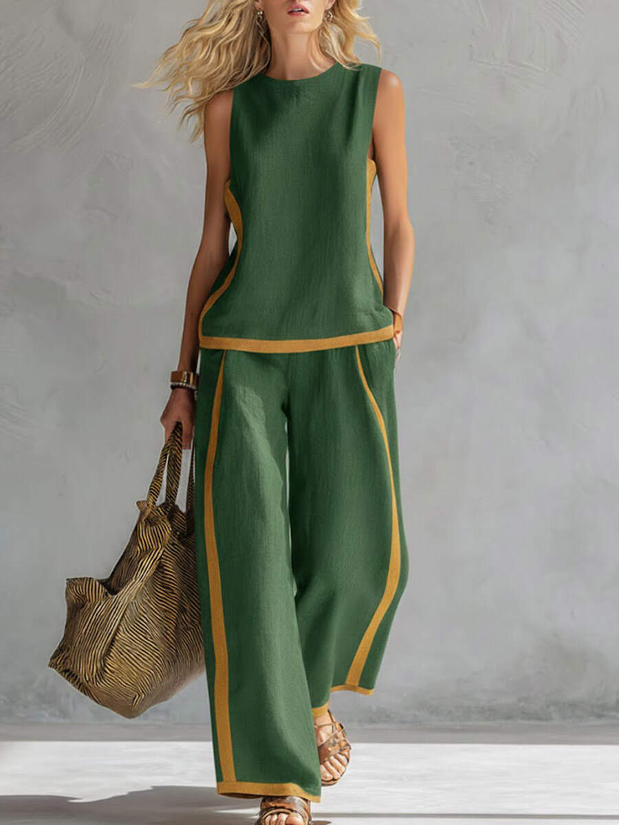 🔥Summer Arrivals🌟Women's Round Neck Sleeveless Casual Loose Top And High-waisted Loose Wide-leg Pants Cotton And Linen Set.