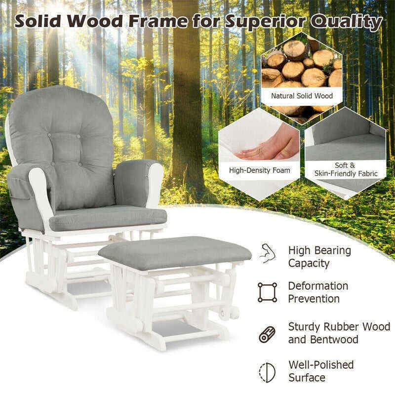 Wood Baby Glider Rocking Chair Nursery Chair with Gliding Ottoman & Storage Pocket