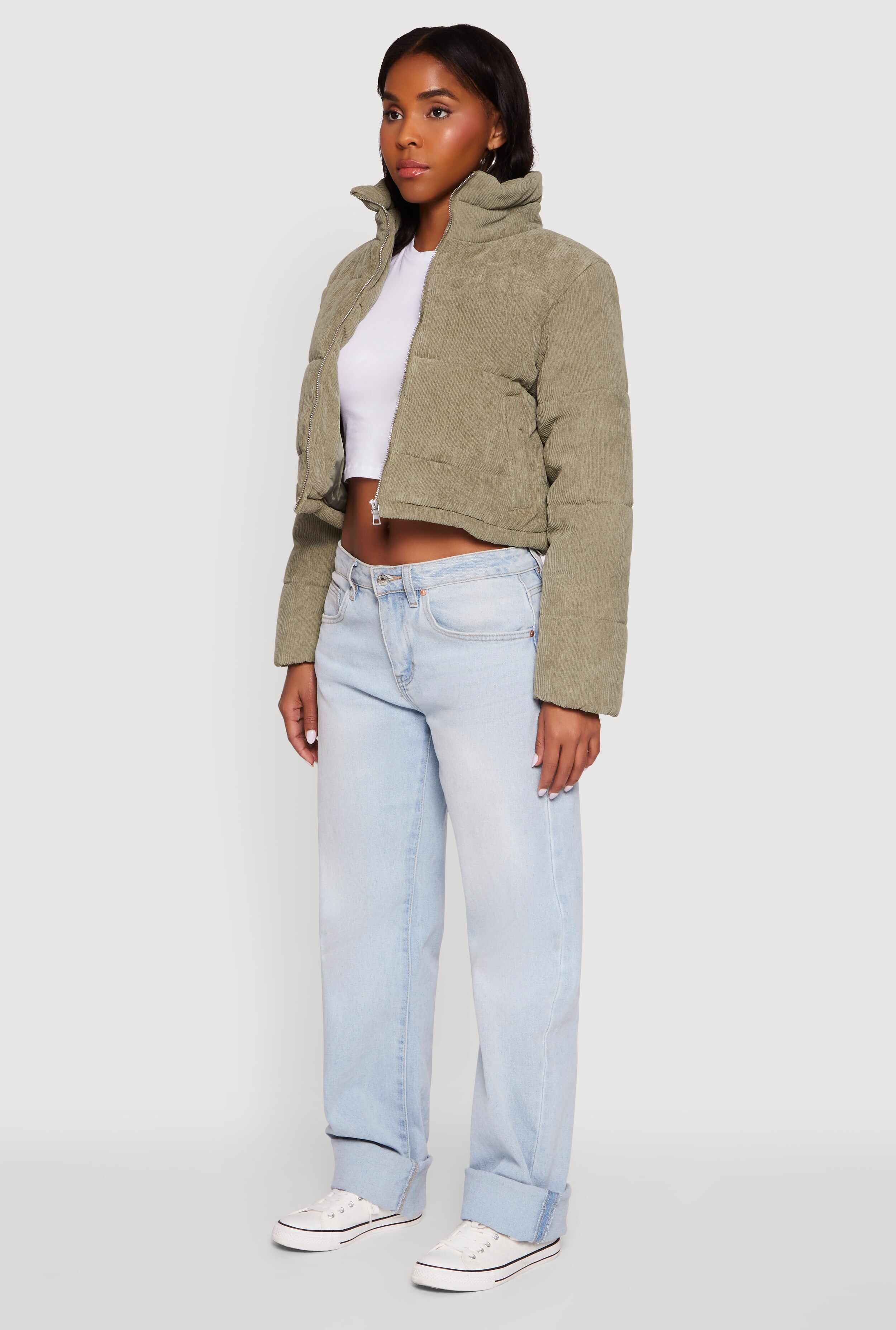 Mock Neck Zip Front Corduroy Puffer Jacket