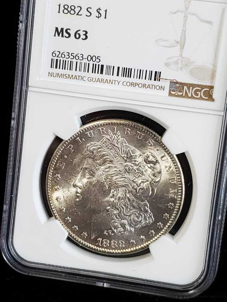 1882  S  MS 63 Silver Morgan Dollar, NGC  MS 63  Silver  Coin . Blast White!   Lot # 1485