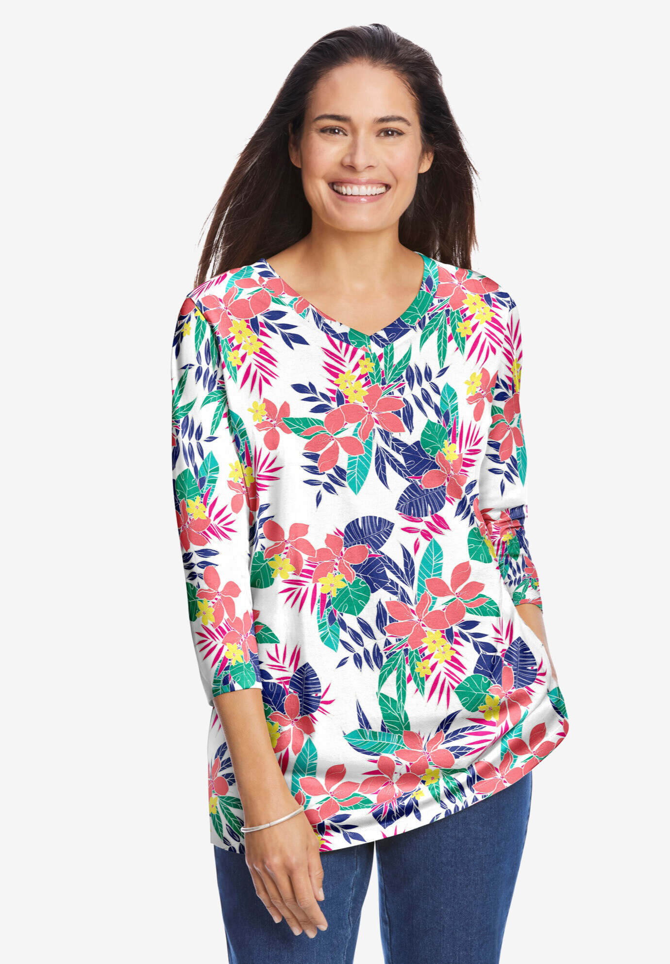 Perfect Printed Three-Quarter Sleeve V-Neck Tee