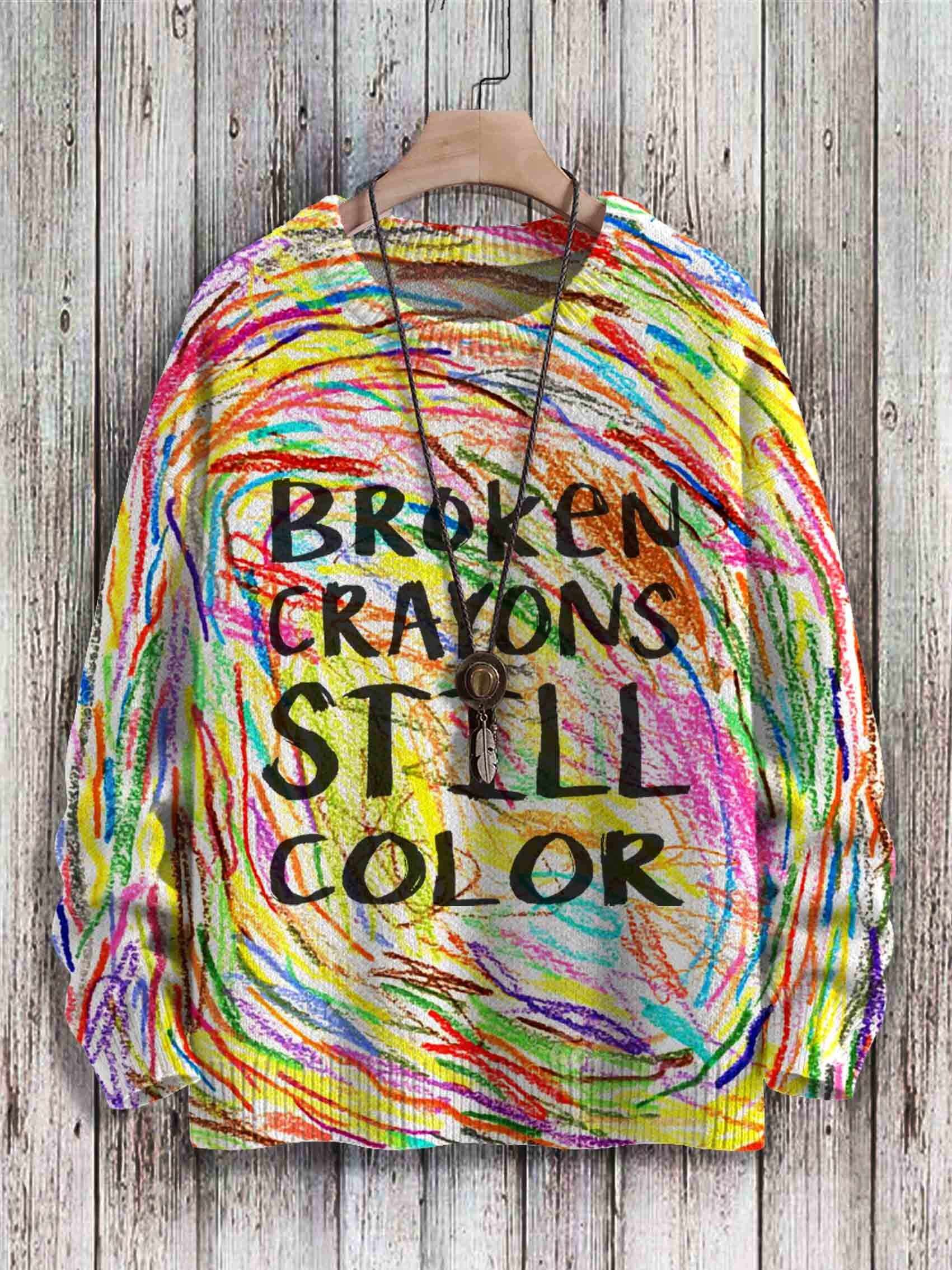 Broken Crayons Still Color Print Casual Knit Pullover Sweater