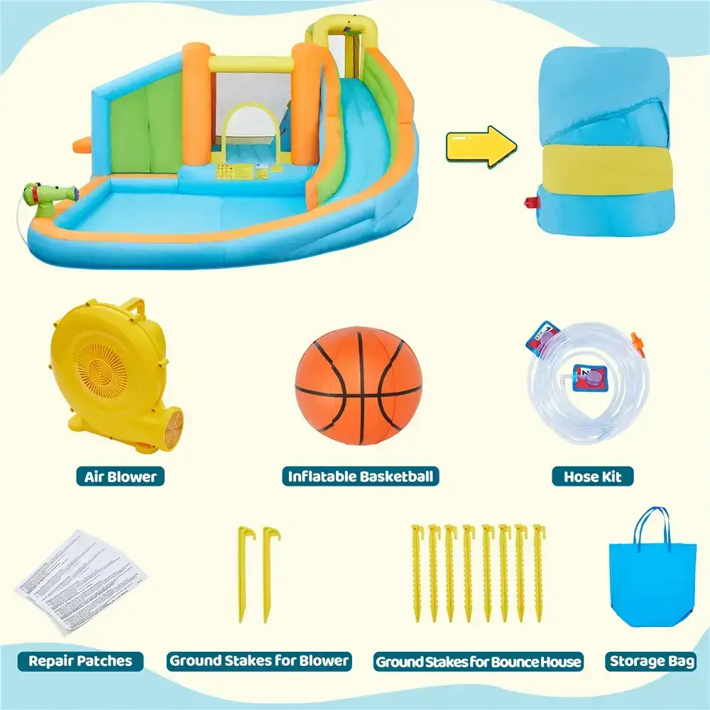 8-in-1 Inflatable Bounce House with Splash Pool, Slide, Climbing Wall, and Market Stand for Kids Ages 3-10, 520W Blower, Portable & Multifunctional Playground Set