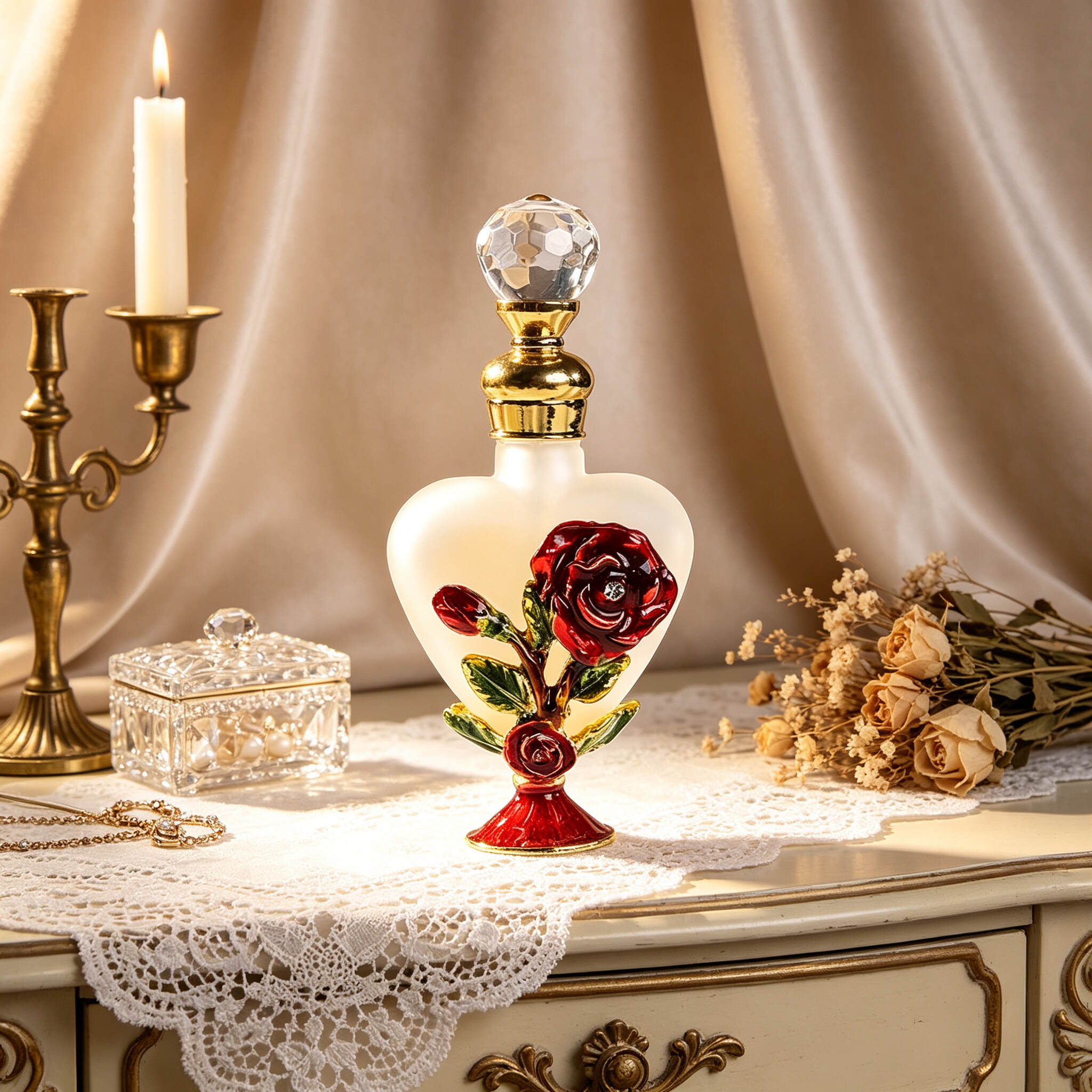 Three-dimensional rose flower enamel-colored large heart-shaped 10ml perfume bottle with classic and elegant exquisite relief design