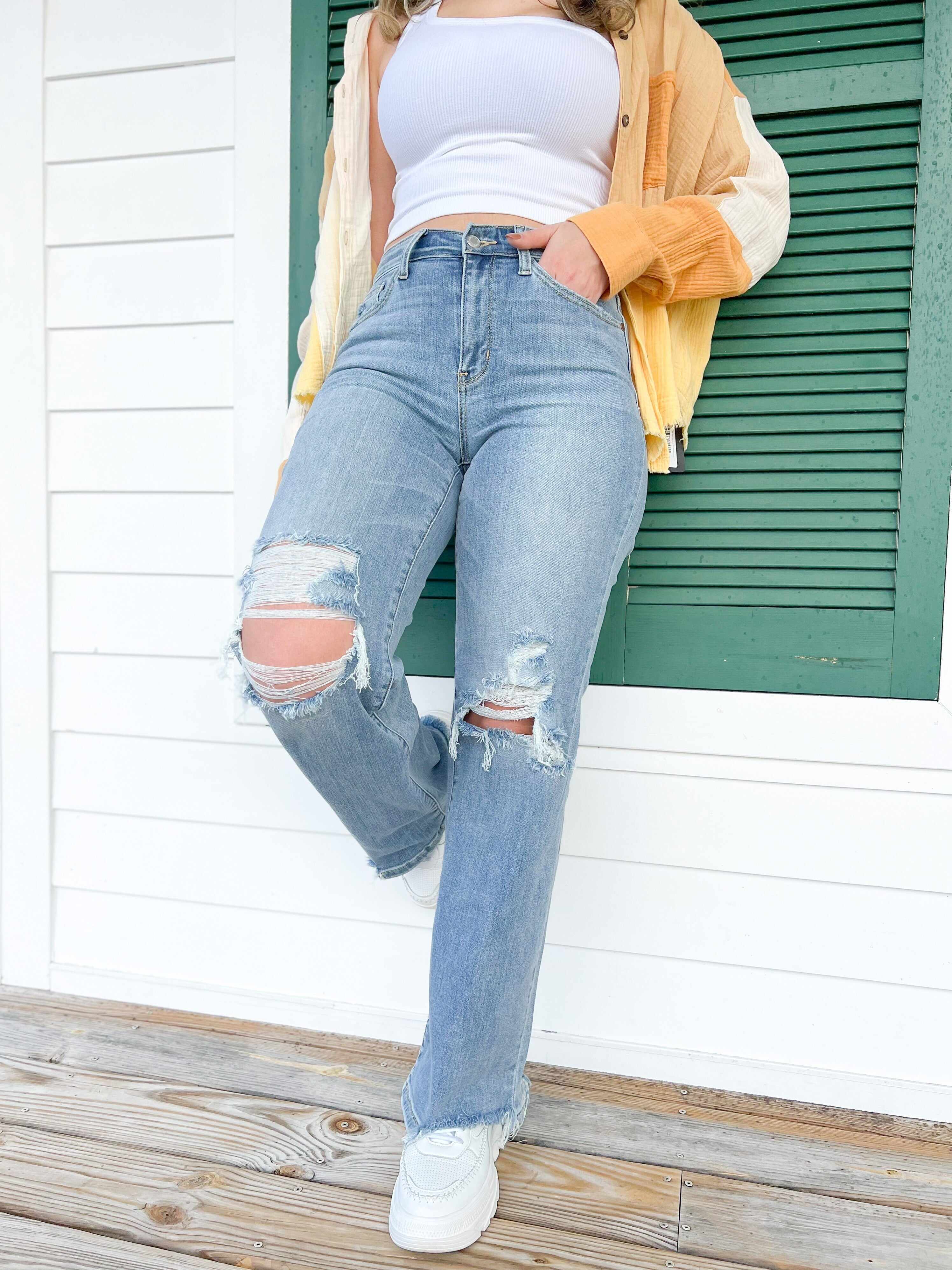 🔥Hot Sales🔥Wonderwall High Rise 90s Destroyed Knee Straight Leg Jeans