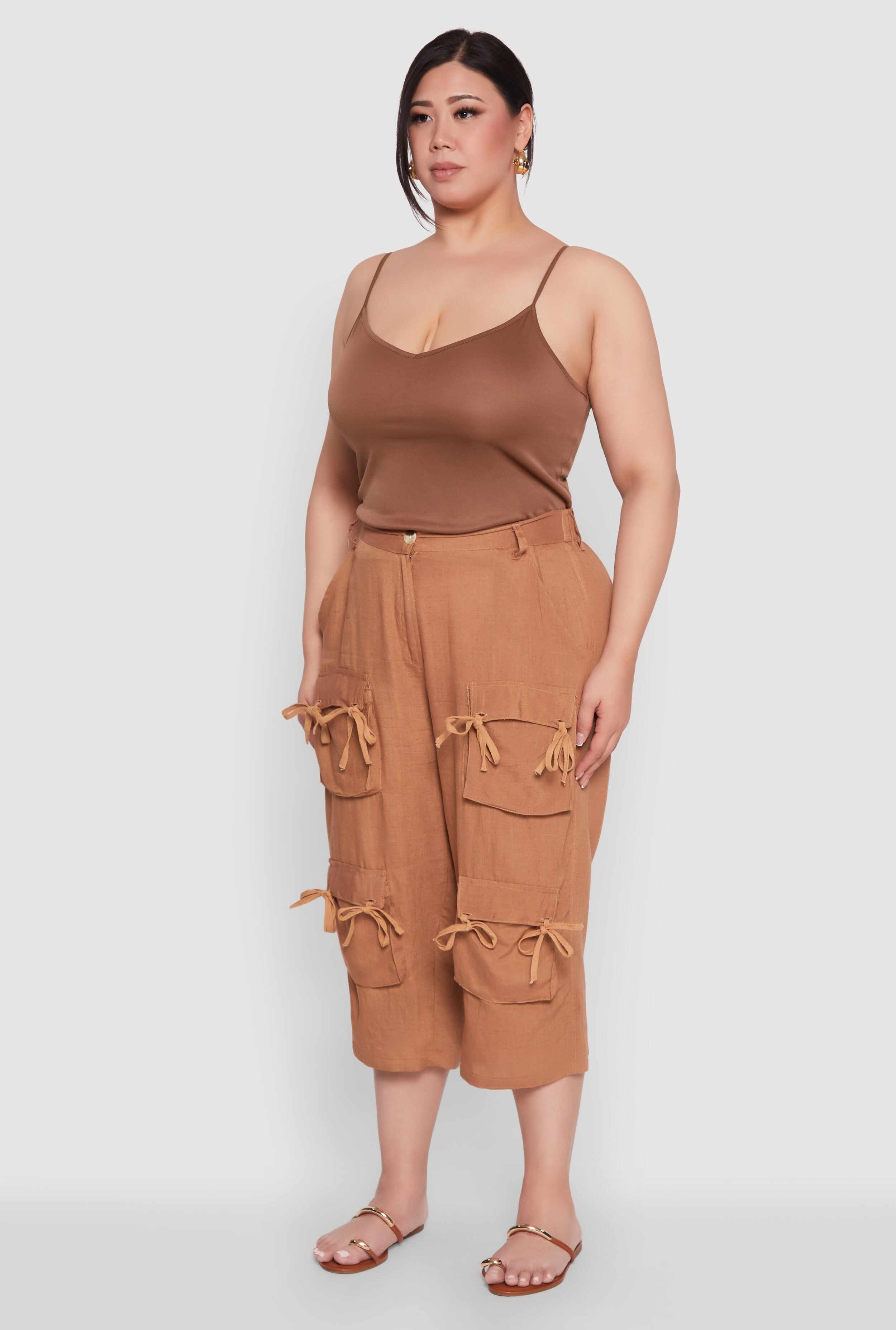 Plus Size Tie Cargo Pocket Capri Pants