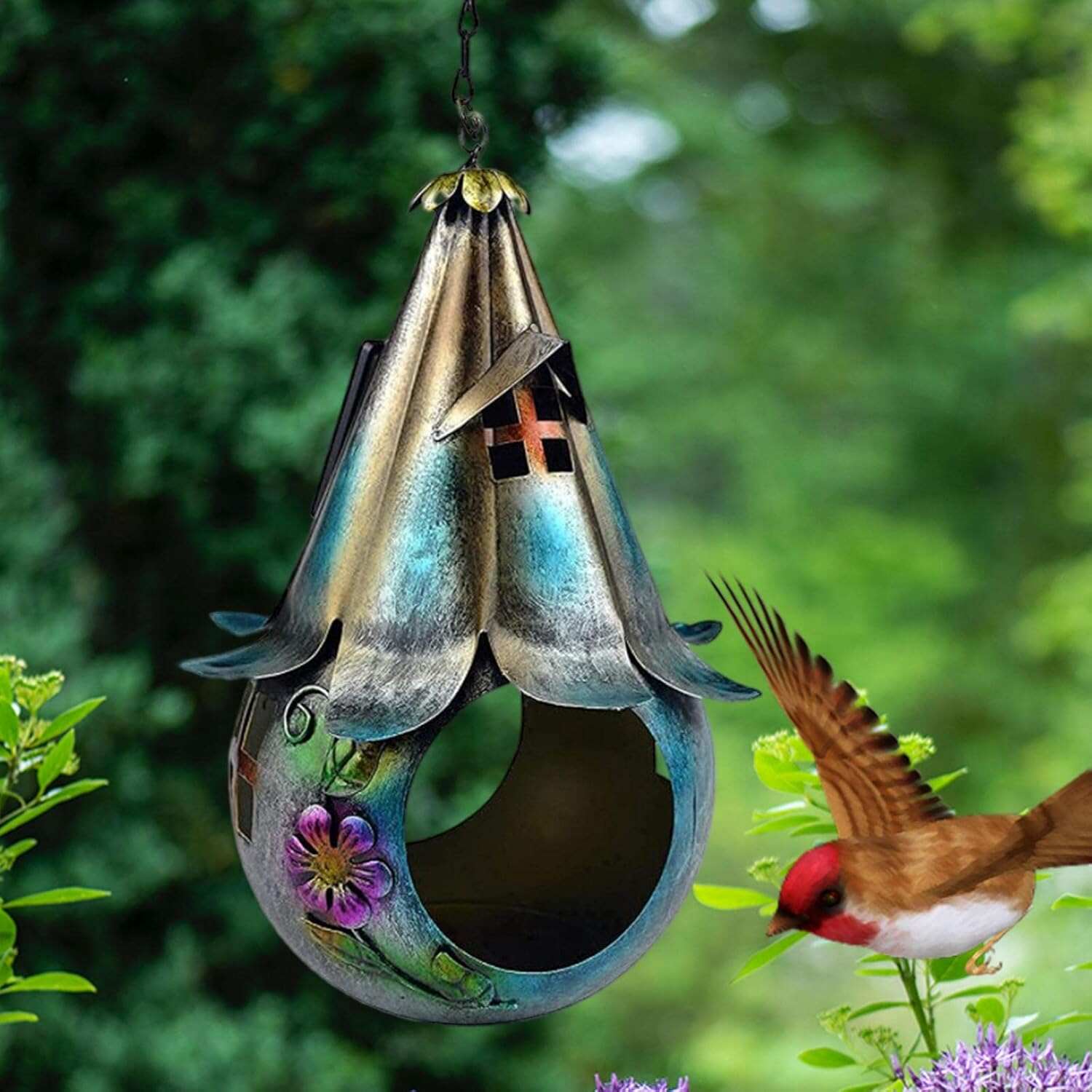 Solar Powered Hanging Pendant Iron Art Bird Feeder Decorative Weatherproof for Yard Outside Outdoor