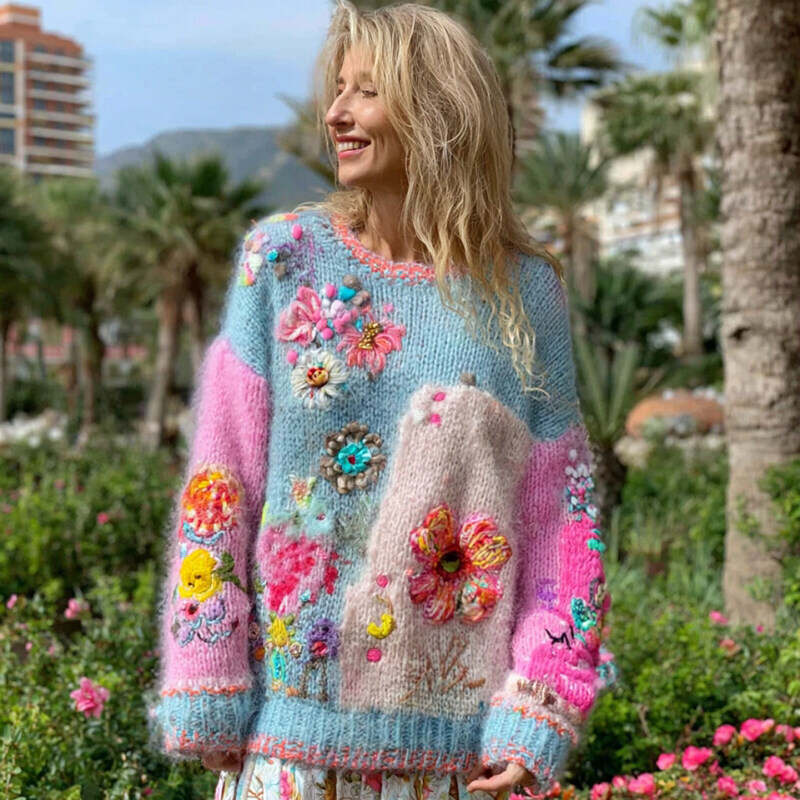 Women's Floral Embroidery Patchwork Art Pullover Knit Sweater