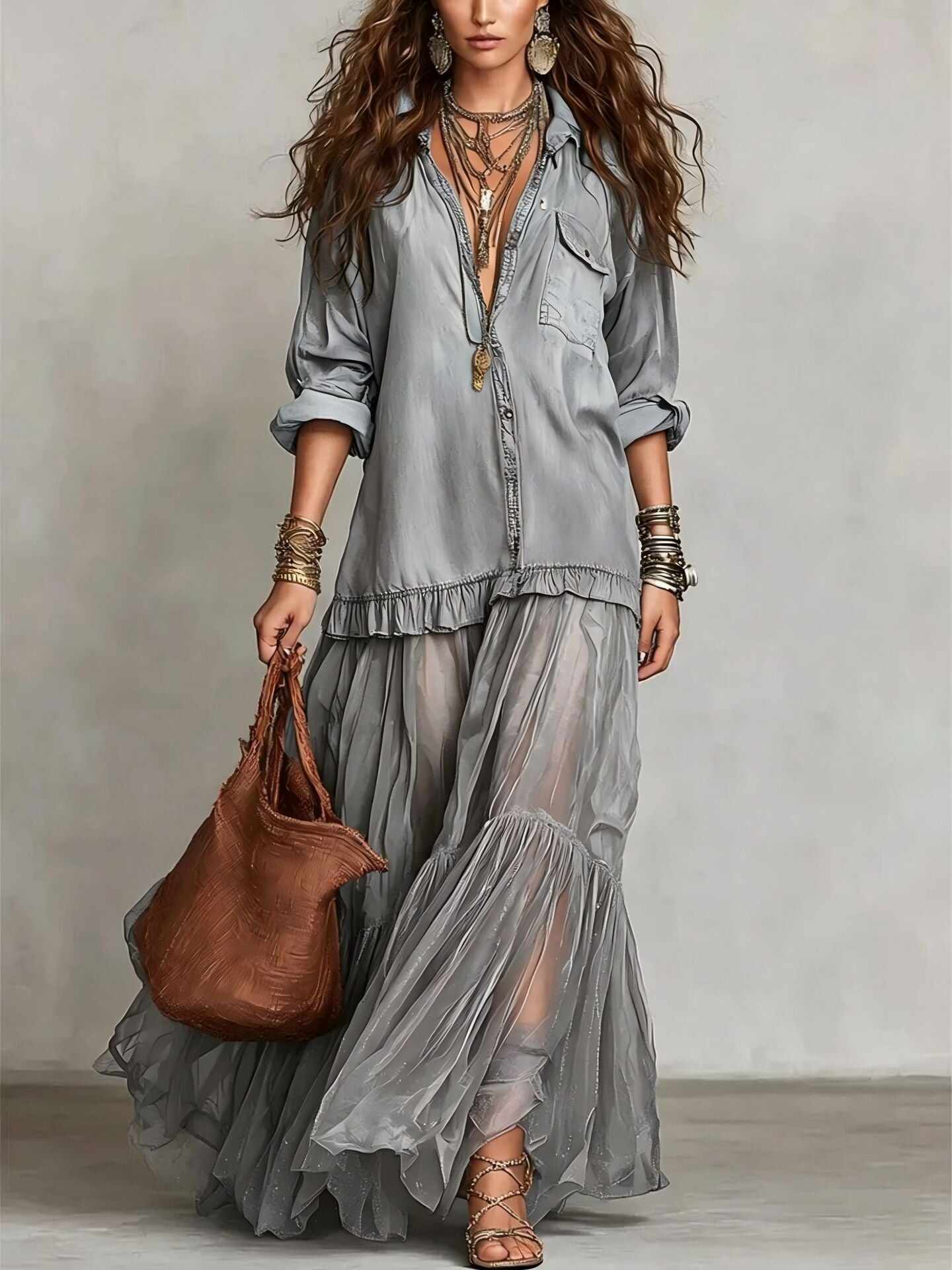 Women's Retro Lapel Denim Organza Patchwork Art Casual Maxi Dress