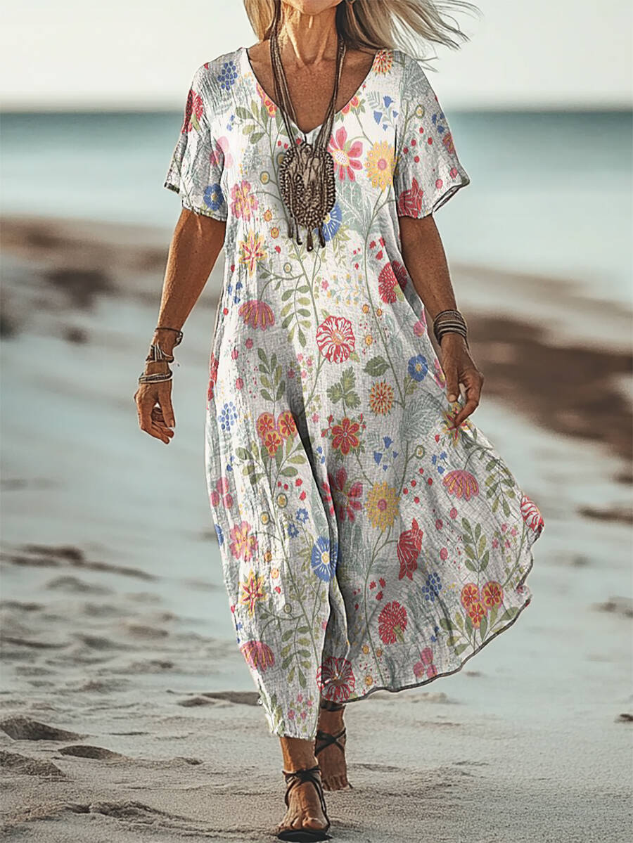 Women's Floral Art Patterns Art Print Short Sleeve Pocket Cotton Linen Dress