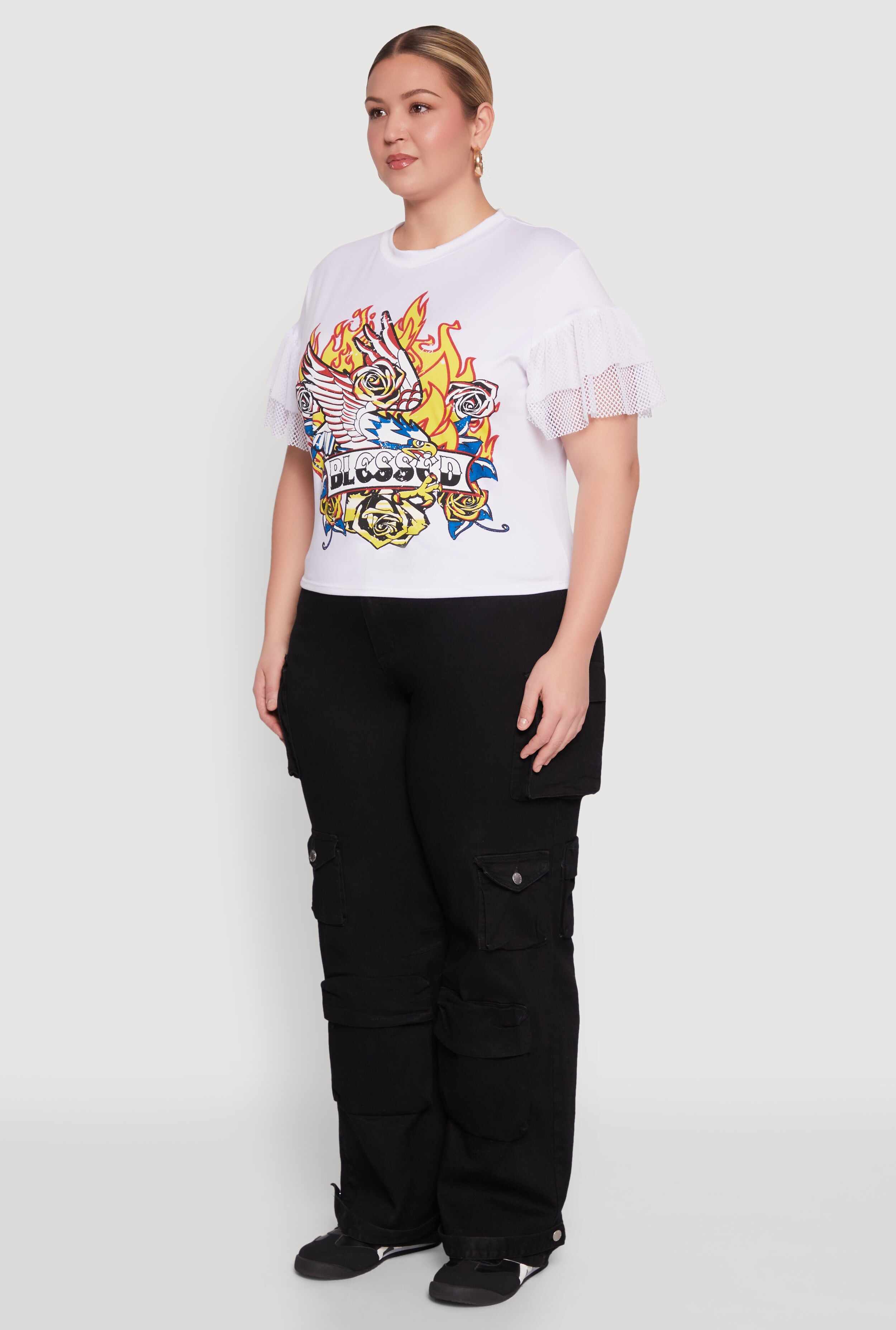 Plus Size Fishnet Sleeve Blessed Eagle Graphic Tee