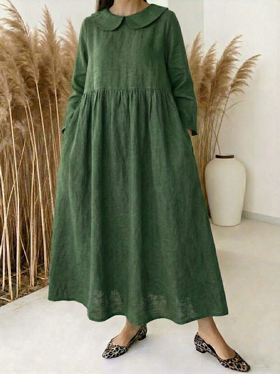 🔥Summer Arrivals🌟Women's solid color Peter Pan collar long-sleeved casual loose cotton and linen dress