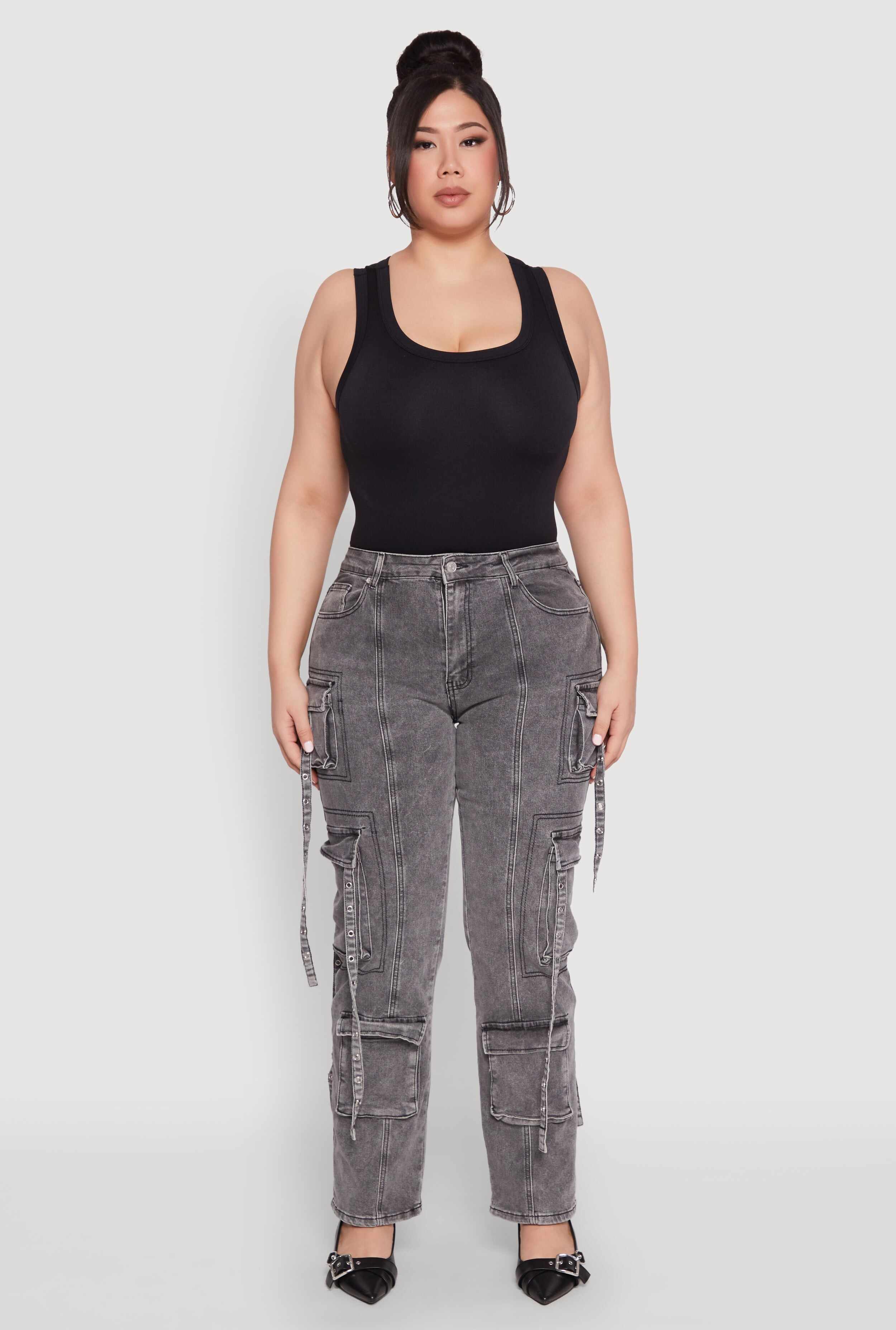 Plus Size Mineral Wash Pintuck Cargo Jeans