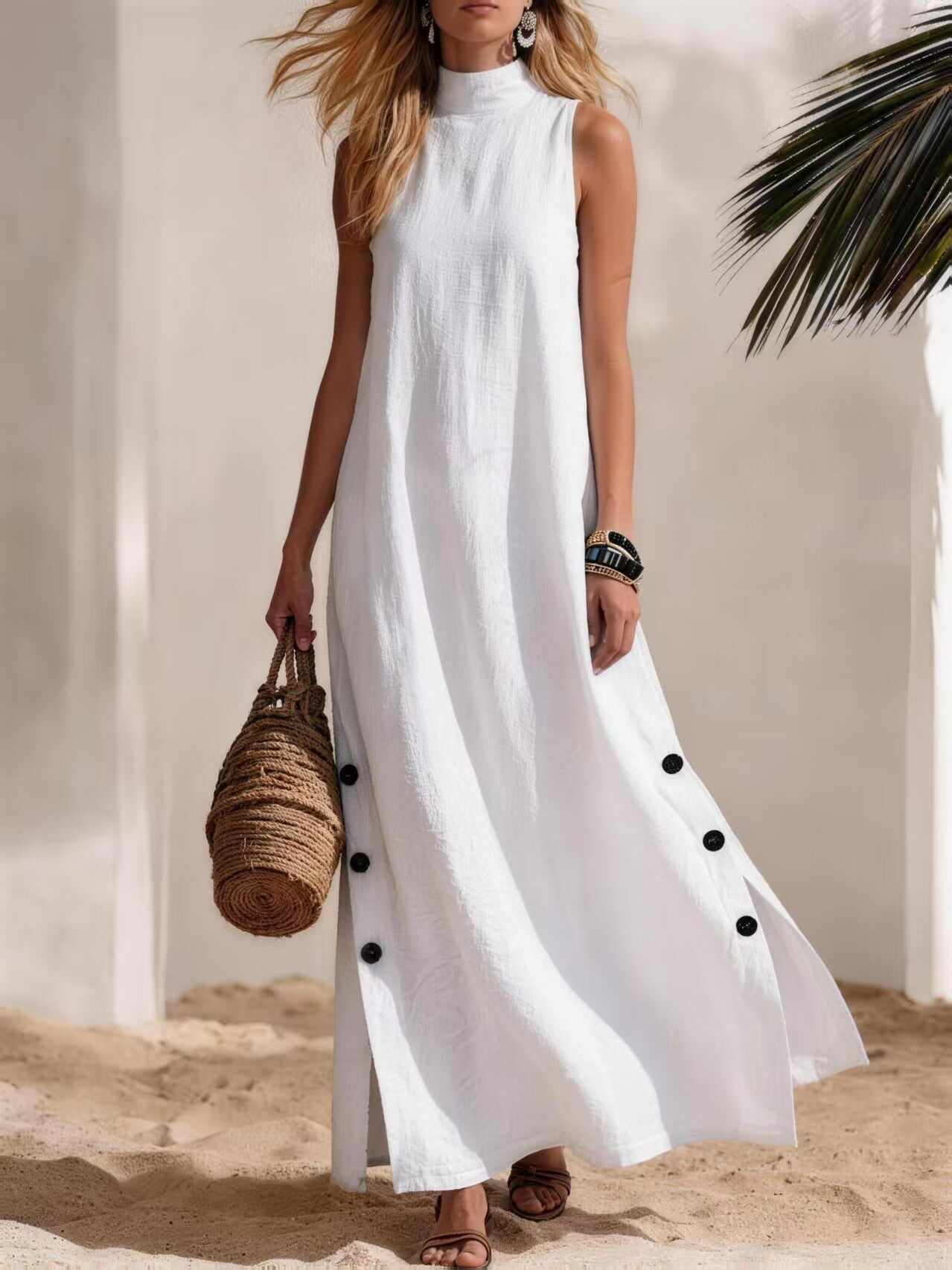 Casual Solid Color Cotton And Linen Sleeveless Side Slit Maxi Dress