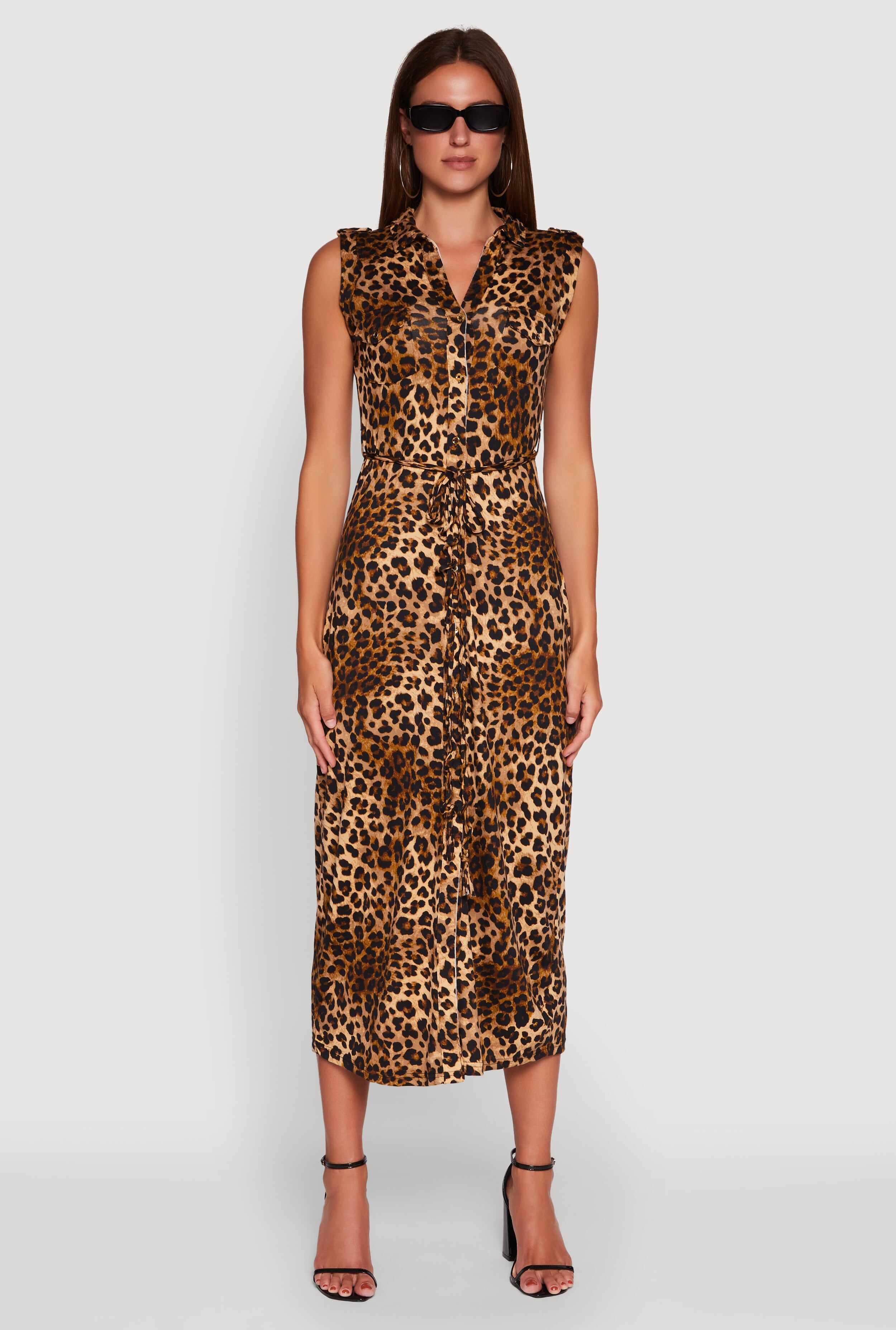 Patterned Button Front Sleeveless Maxi Shirt Dress