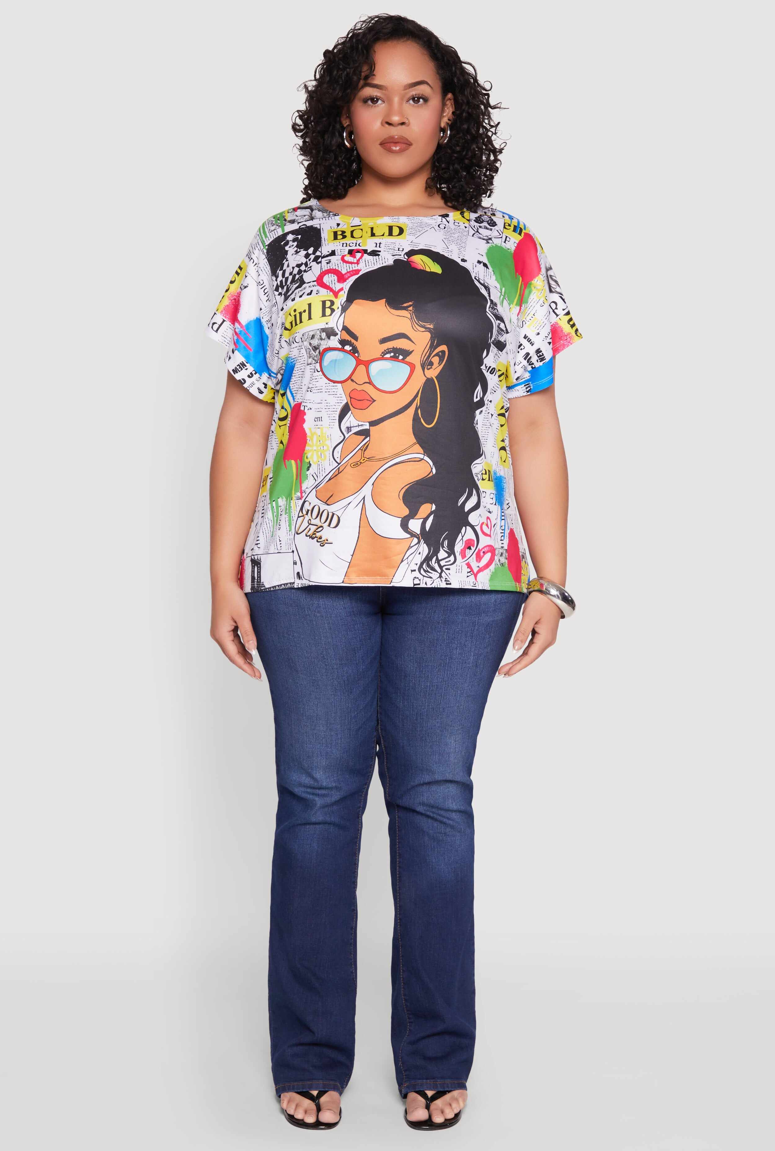 Plus Size Good Vibes Graphic Newspaper Print Tee