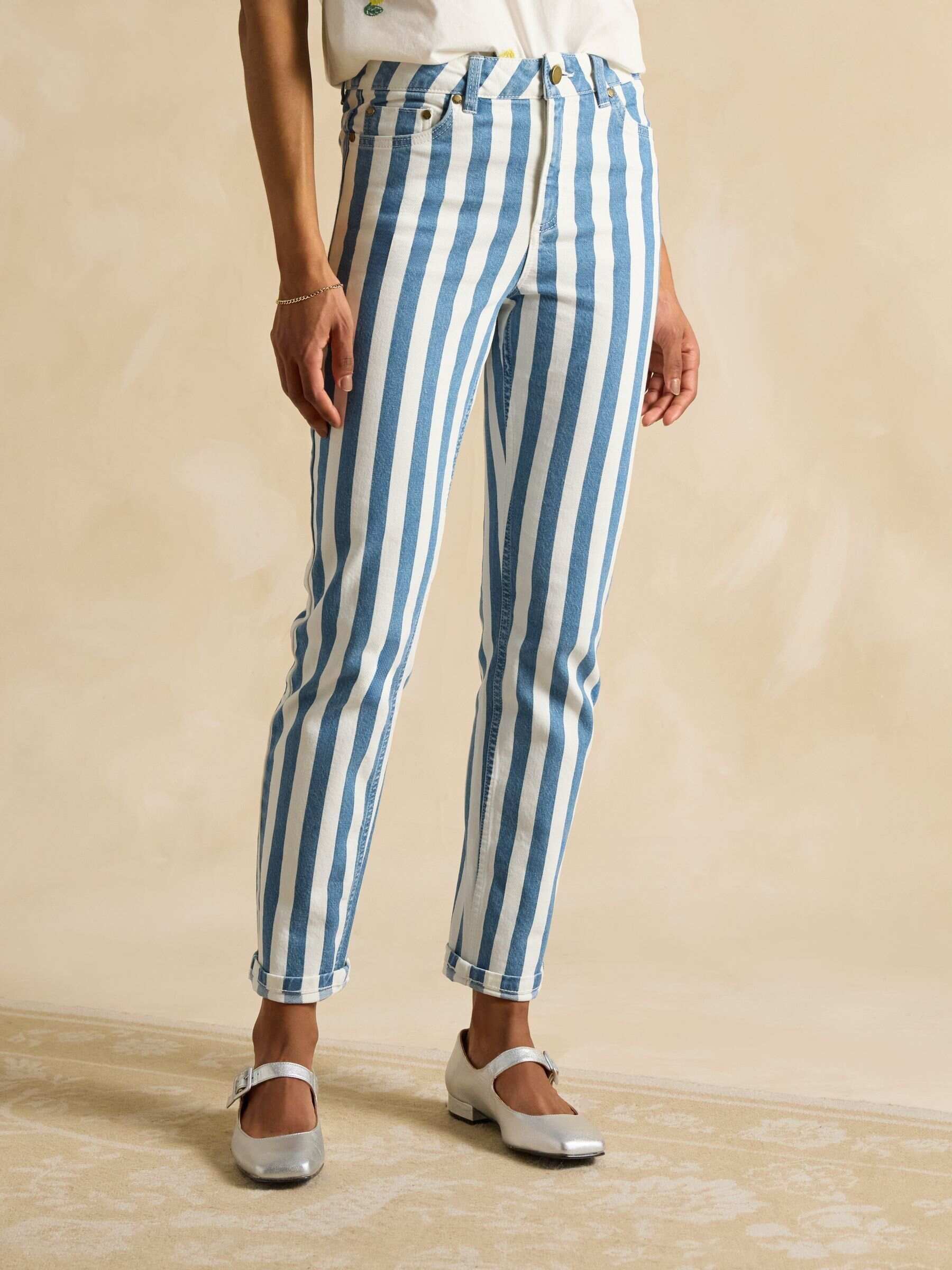Blue Stripe Straight Fit Mid Rise Jeans