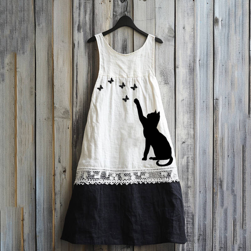 Vintage Abstract Creative Cute Black Cat  Play With Butterfly Art Linen Tank Dress