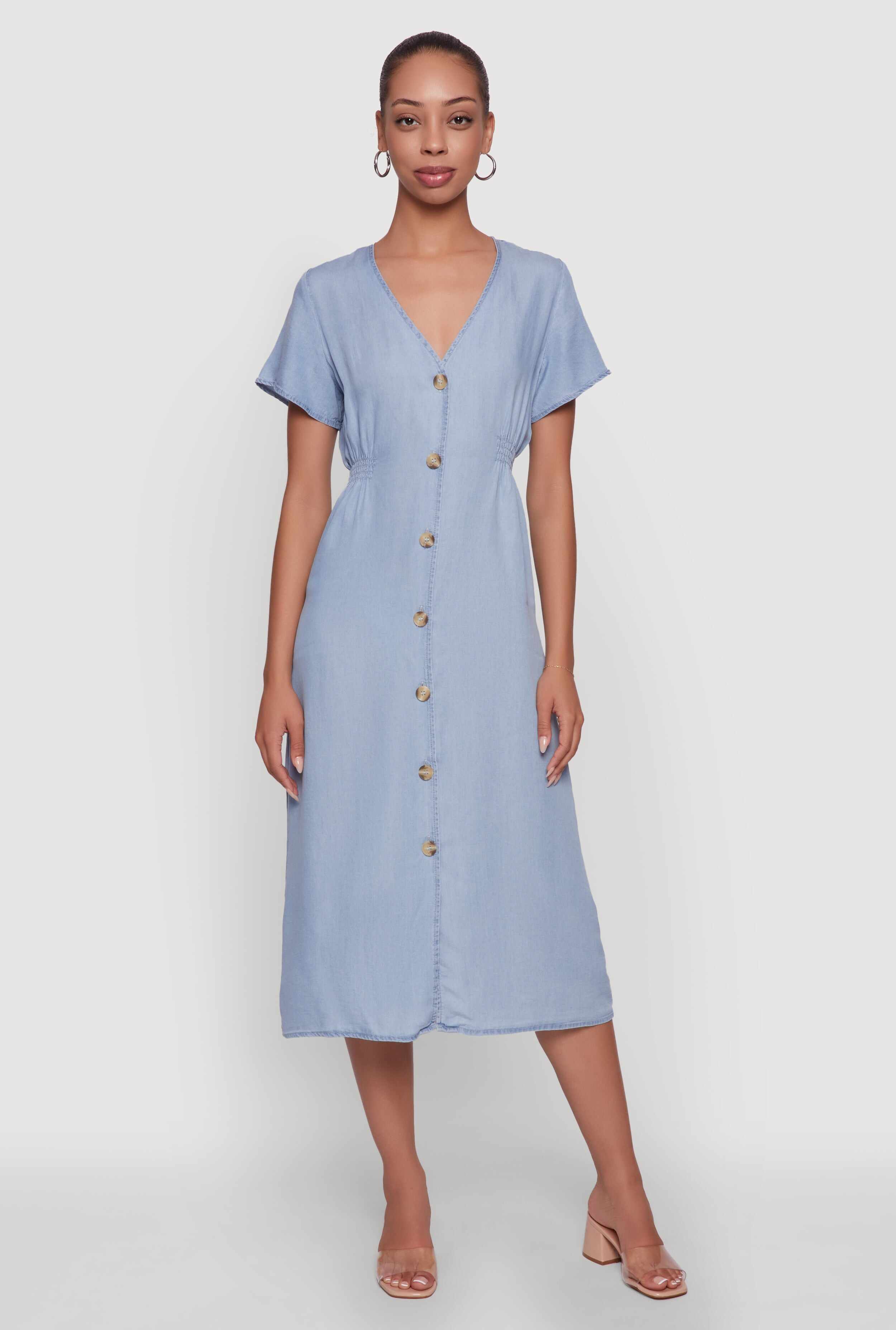 Chic Short Sleeve V-Neck Shirt Dress with Button Front