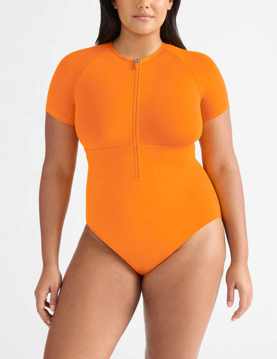 Short Sleeve Zip One Piece Swimsuit