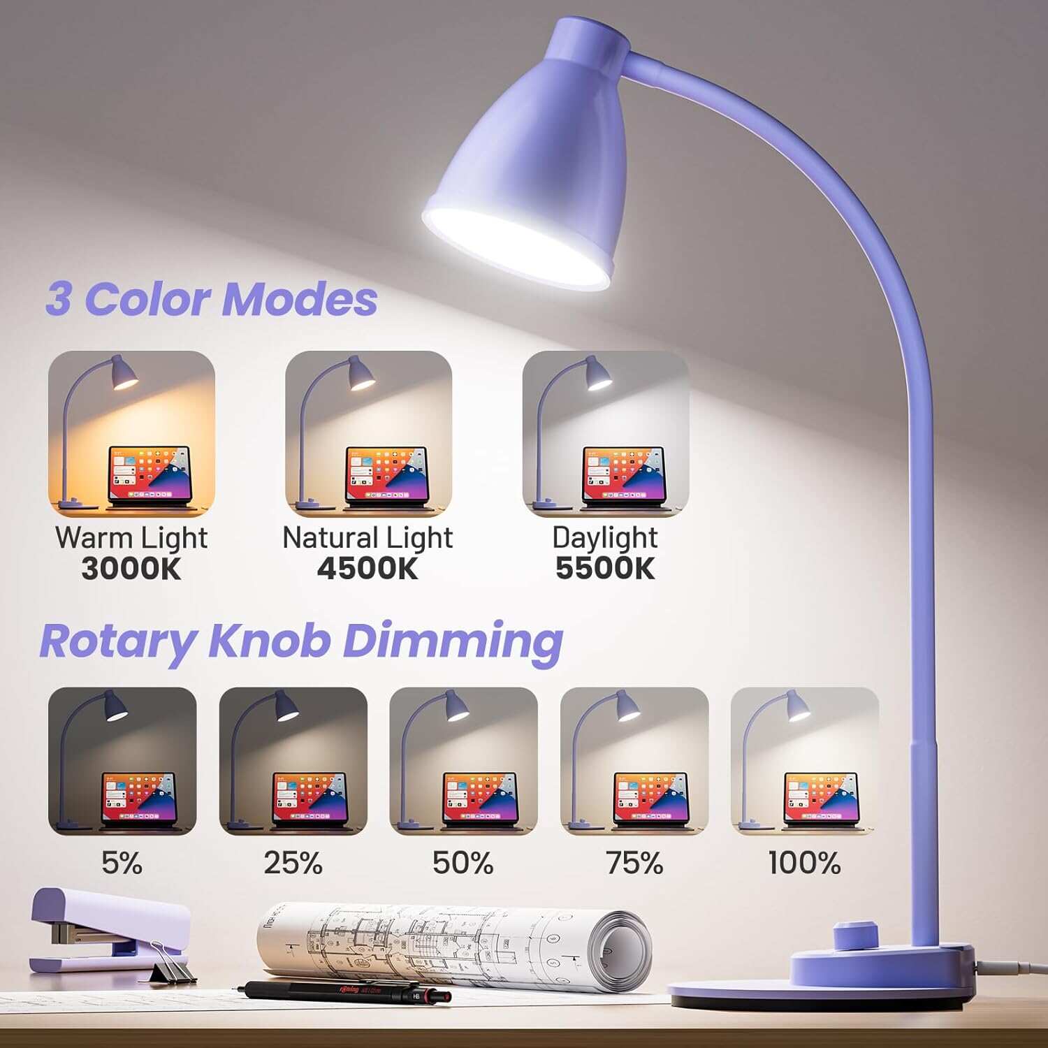 BOHON LED Desk Lamp with USB Charging Port 3 Color Modes Dimmable Reading Light Intelligent Induction Auto Dimming Task Lamp Flexible Gooseneck Table Lamp for Bedside Office, AC Adapter Include