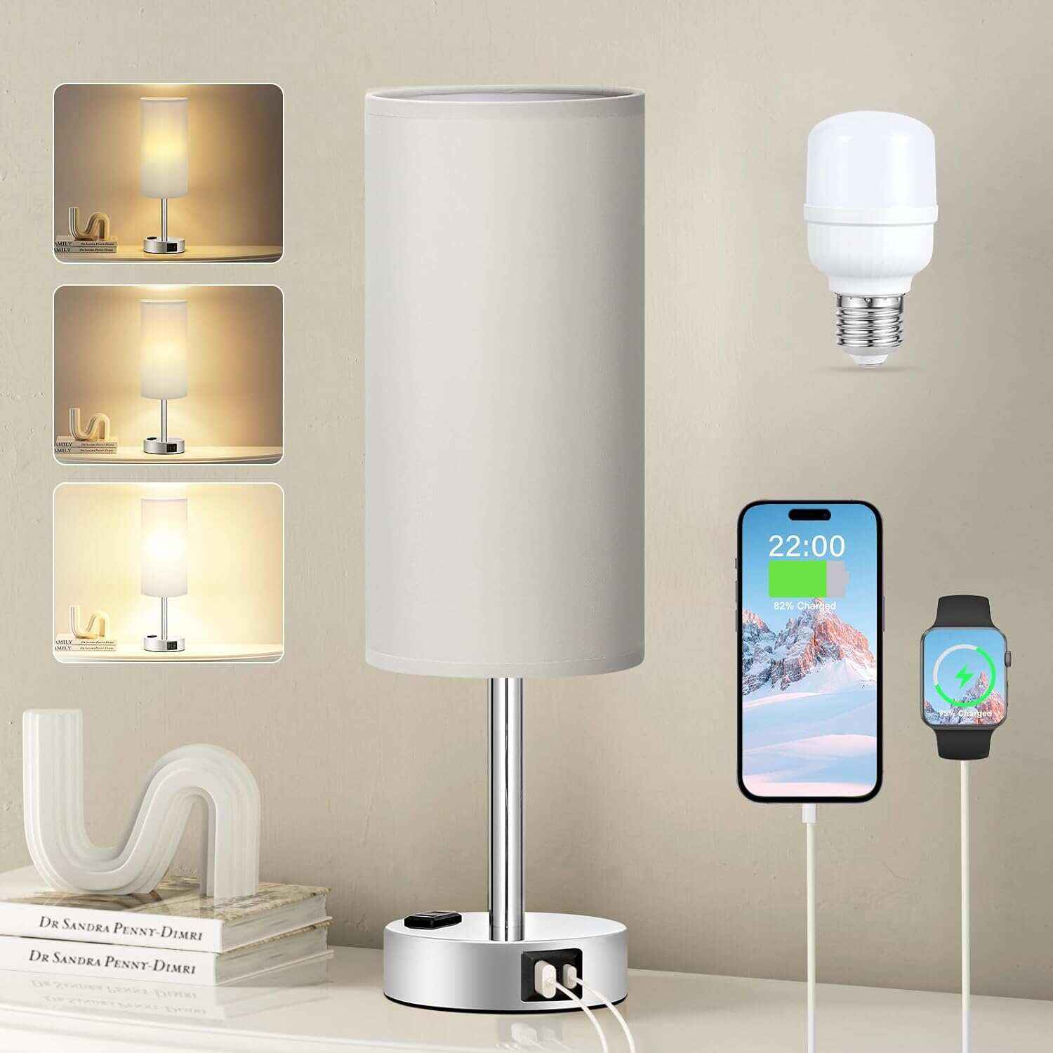 Bedside Table Lamp for Bedroom - 3 Way Dimmable Touch Lamp USB C Charging Ports and AC Outlet, Small Lamp Wood Base Round Flaxen Fabric Shade for Living Room, Desk, LED Bulb Included